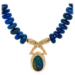 Apatite Necklace with a Hand Engraved 18 Karat Gold 4.34 Carat Black Opal Clasp