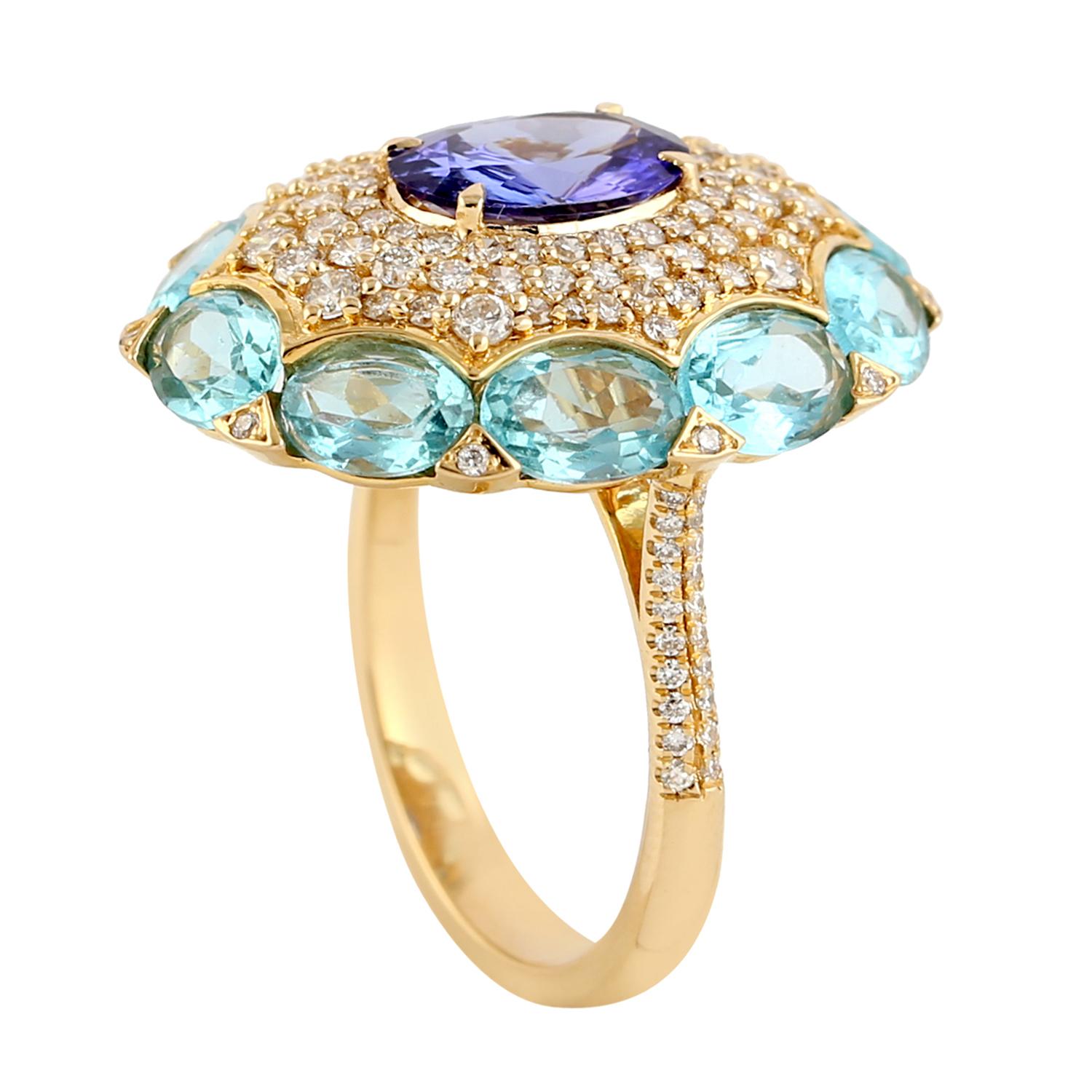Contemporary Apatite & Tanzanite Cocktail Ring With Diamonds Made In 18k Yellow Gold For Sale