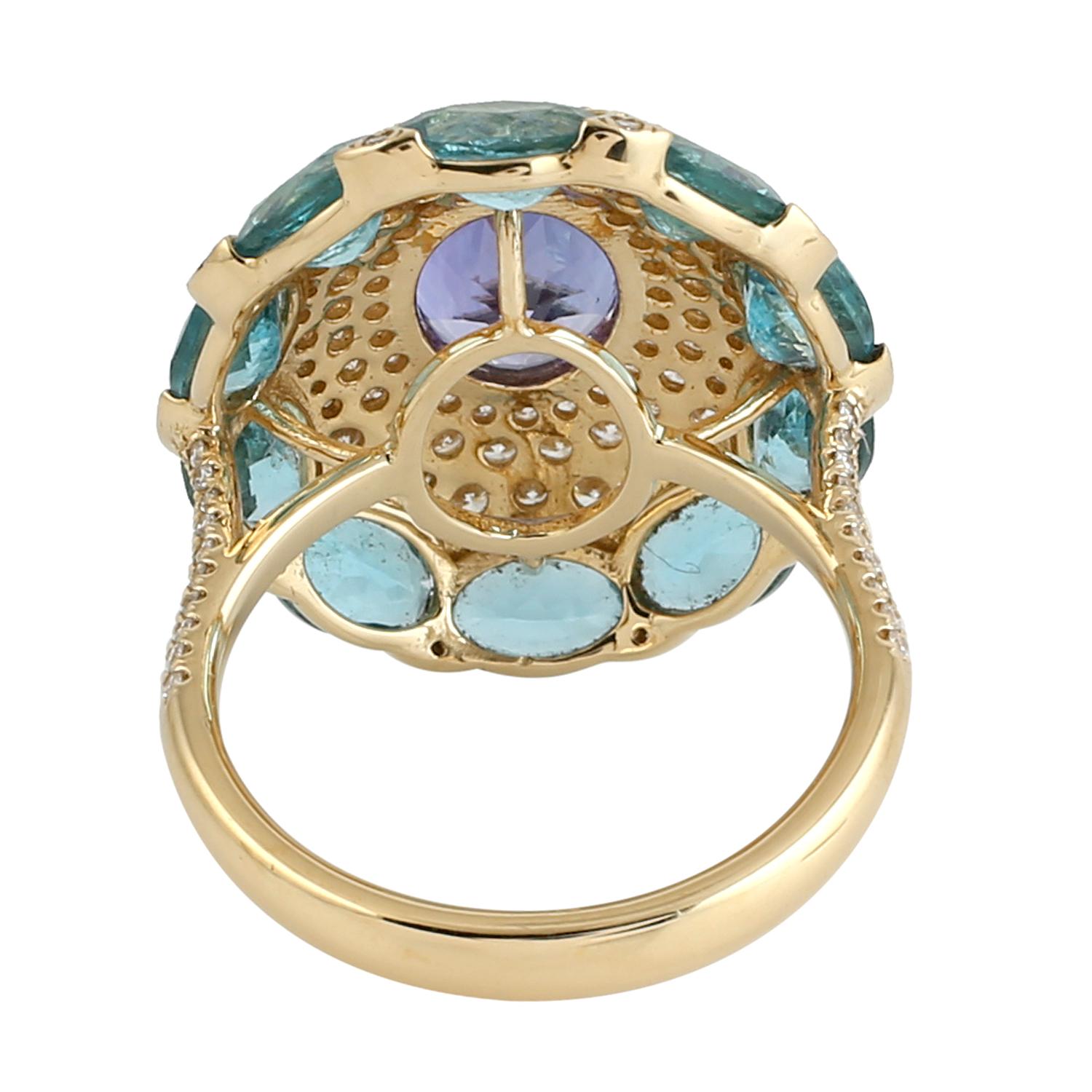 Mixed Cut Apatite & Tanzanite Cocktail Ring With Diamonds Made In 18k Yellow Gold For Sale