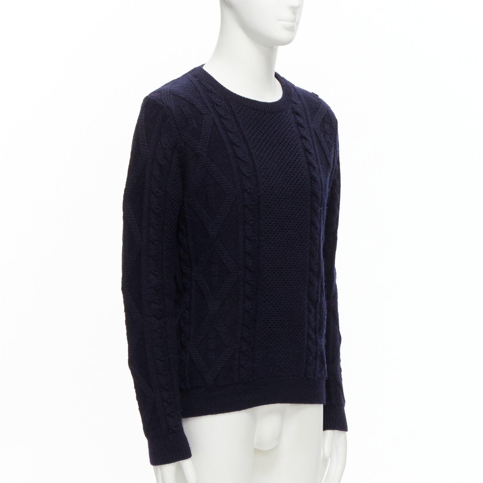 Black APC 100% wool navy blue fisherman cable knit crew neck long sleeve sweater S For Sale