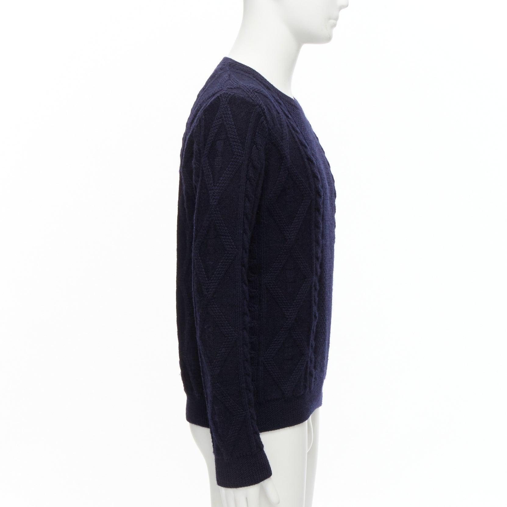 APC 100% wool navy blue fisherman cable knit crew neck long sleeve sweater S In Good Condition For Sale In Hong Kong, NT