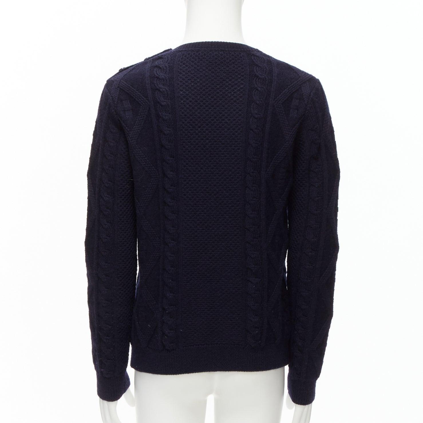 Men's APC 100% wool navy blue fisherman cable knit crew neck long sleeve sweater S For Sale