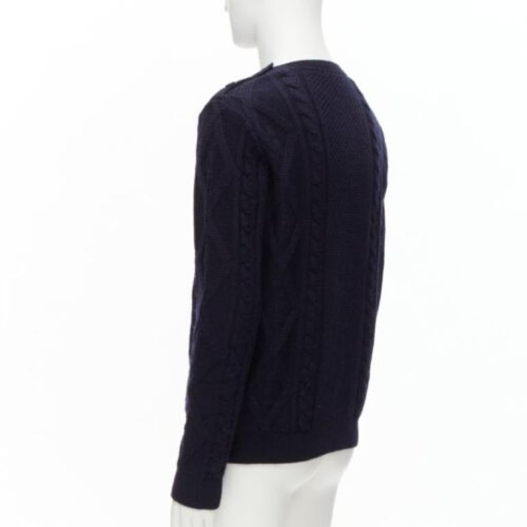 APC 100% lana azul marino pescador cable de punto cuello redondo suéter de manga larga S en venta 1