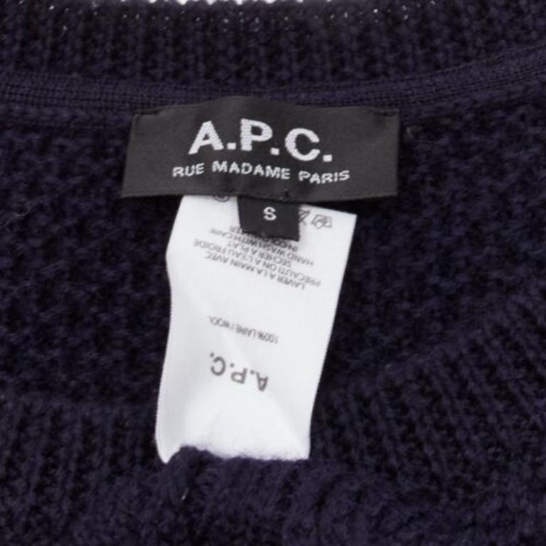 APC 100% lana azul marino pescador cable de punto cuello redondo suéter de manga larga S en venta 3