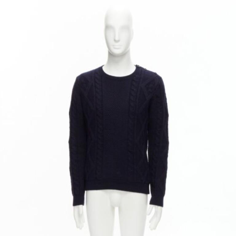 APC 100% lana azul marino pescador cable de punto cuello redondo suéter de manga larga S en venta 4