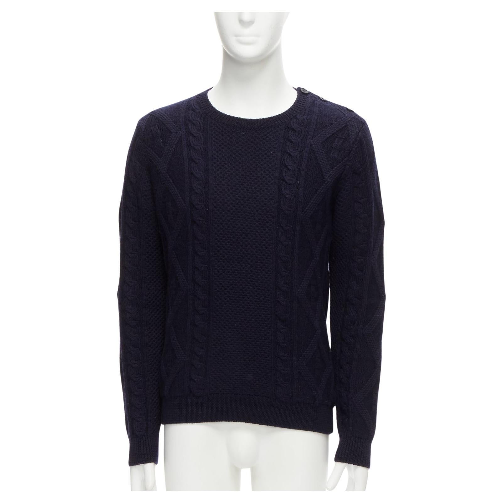APC 100% wool navy blue fisherman cable knit crew neck long sleeve sweater S For Sale