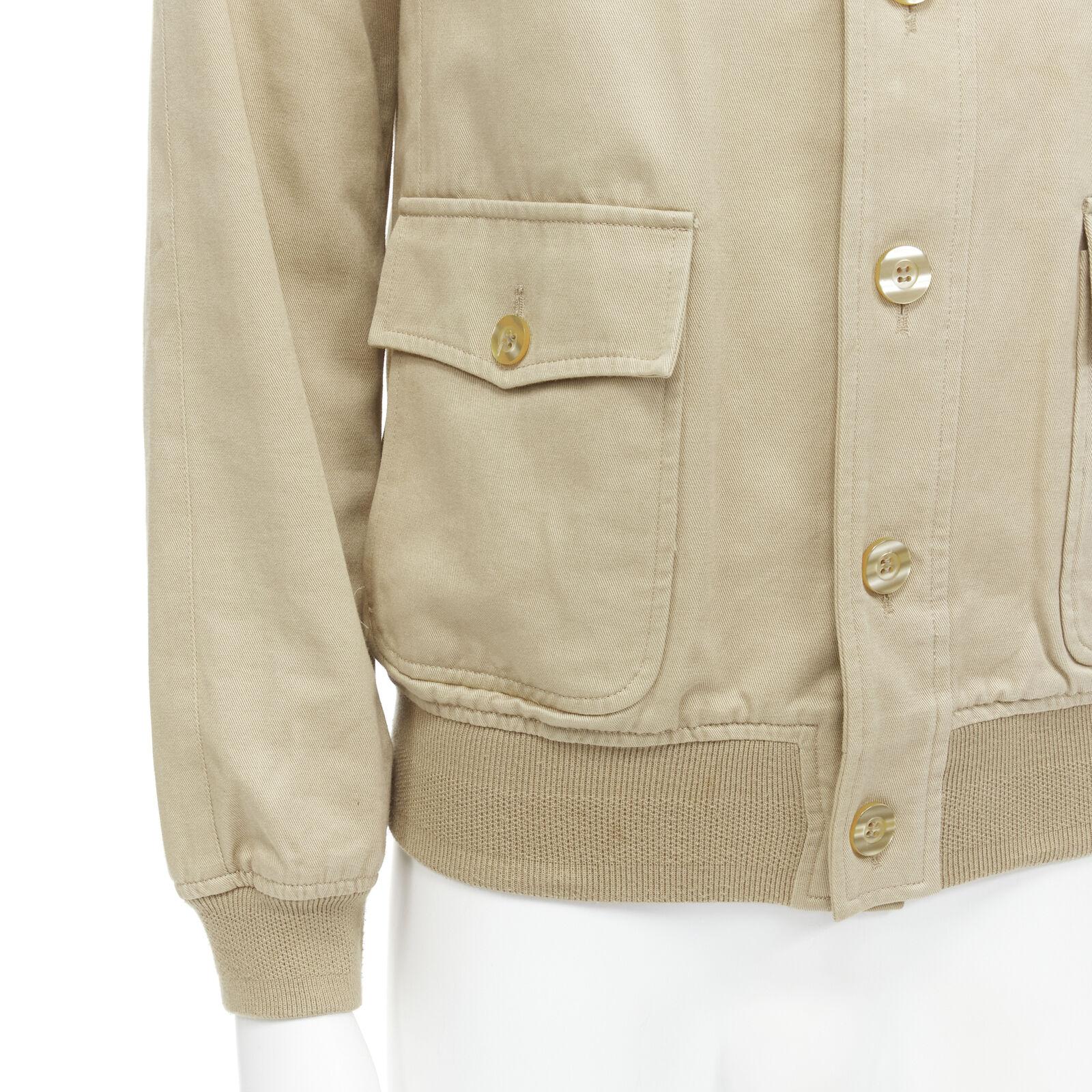 APC beige classic raglan sleeves flap pocket bomber jacket XS
Reference: EDTG/A00079
Brand: A.P.C.
Material: Feels like cotton
Color: Beige
Pattern: Solid
Closure: Button
Lining:  Fabric
Made in: Romania

CONDITION:
Condition: Good, this item was