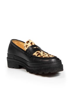 A.P.C. Black Leather Leopard Pony Hair Loafers Size IT 38