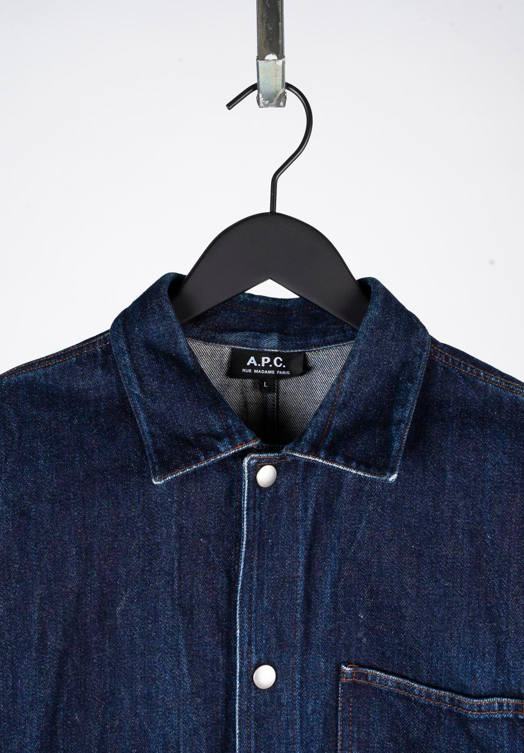 100% genuine APC Denim Shirt-Jacket Men Jacket, S528
Color: Blue
(An actual color may a bit vary due to individual computer screen interpretation)
Material: 100% cotton
Tag size: L 
This jacket is great quality item. Rate 8.5 of 10, very good
Actual