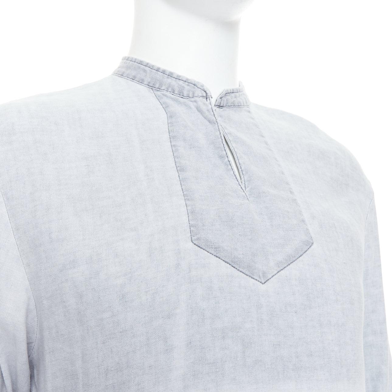 A.P.C. grey linen blend washed distressed slit collar long sleeve shirt S
Reference: CNLE/A00431
Brand: A.P.C.
Material: Linen, Blend
Color: Grey
Pattern: Solid
Closure: Button
Made in: Tunisia

CONDITION:
Condition: Good, this item was pre-owned