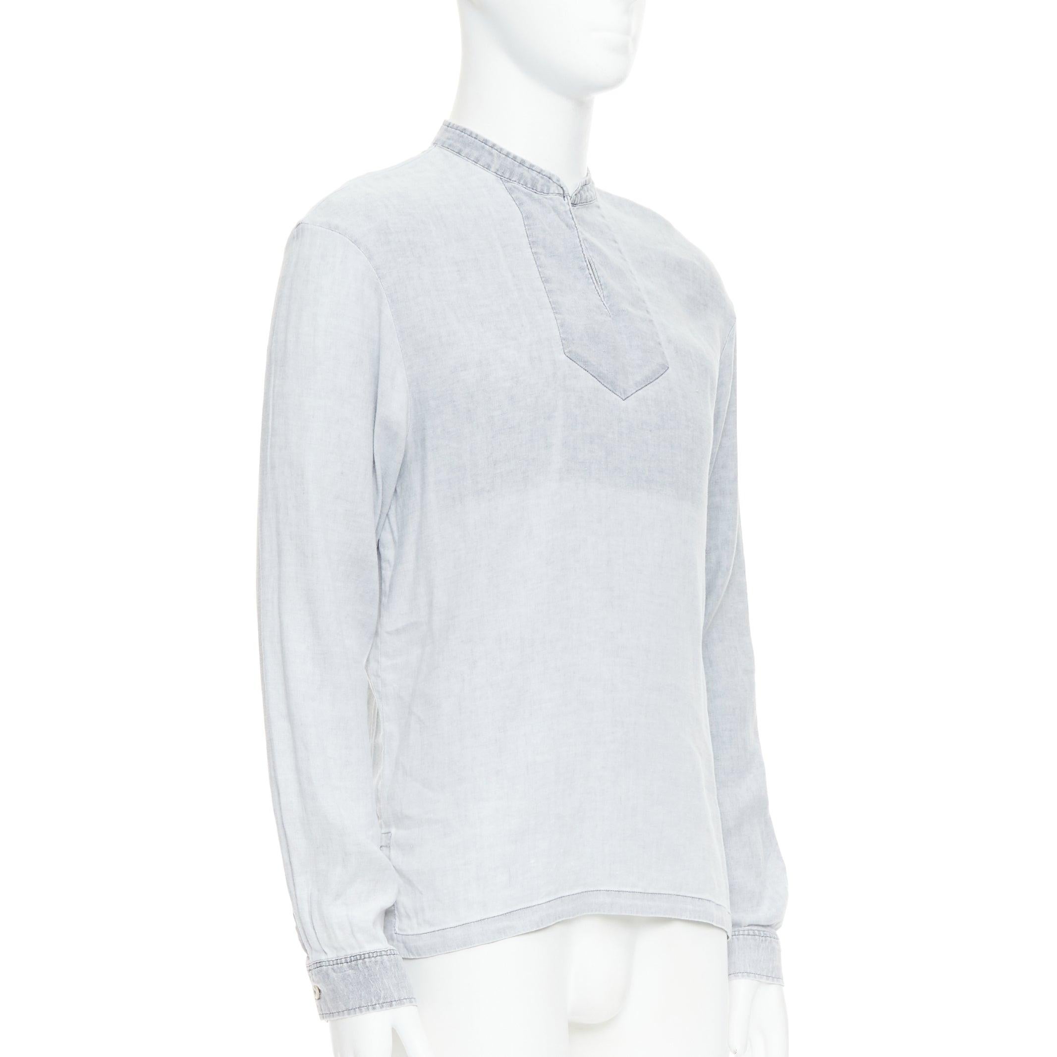 Gray A.P.C. grey linen blend washed distressed slit collar long sleeve shirt S For Sale