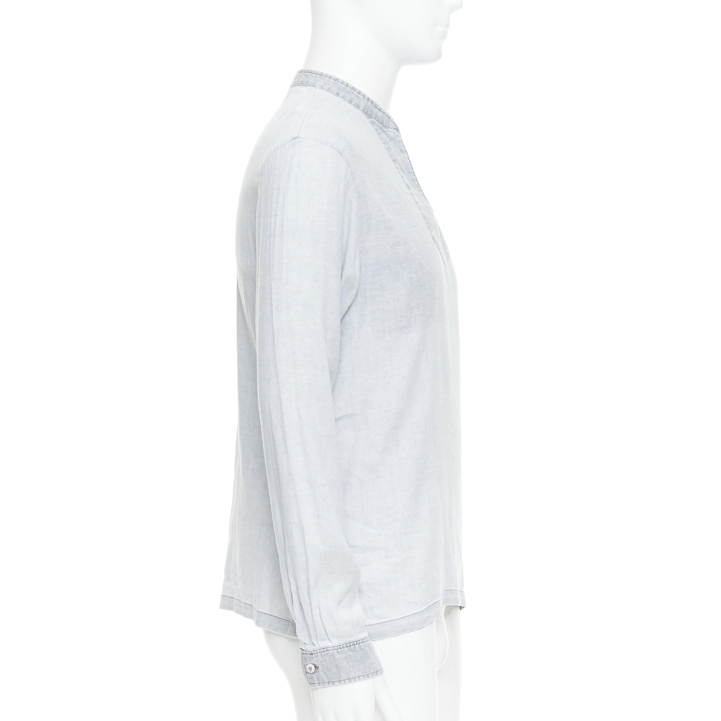 A.P.C. grey linen blend washed distressed slit collar long sleeve shirt S In Good Condition For Sale In Hong Kong, NT