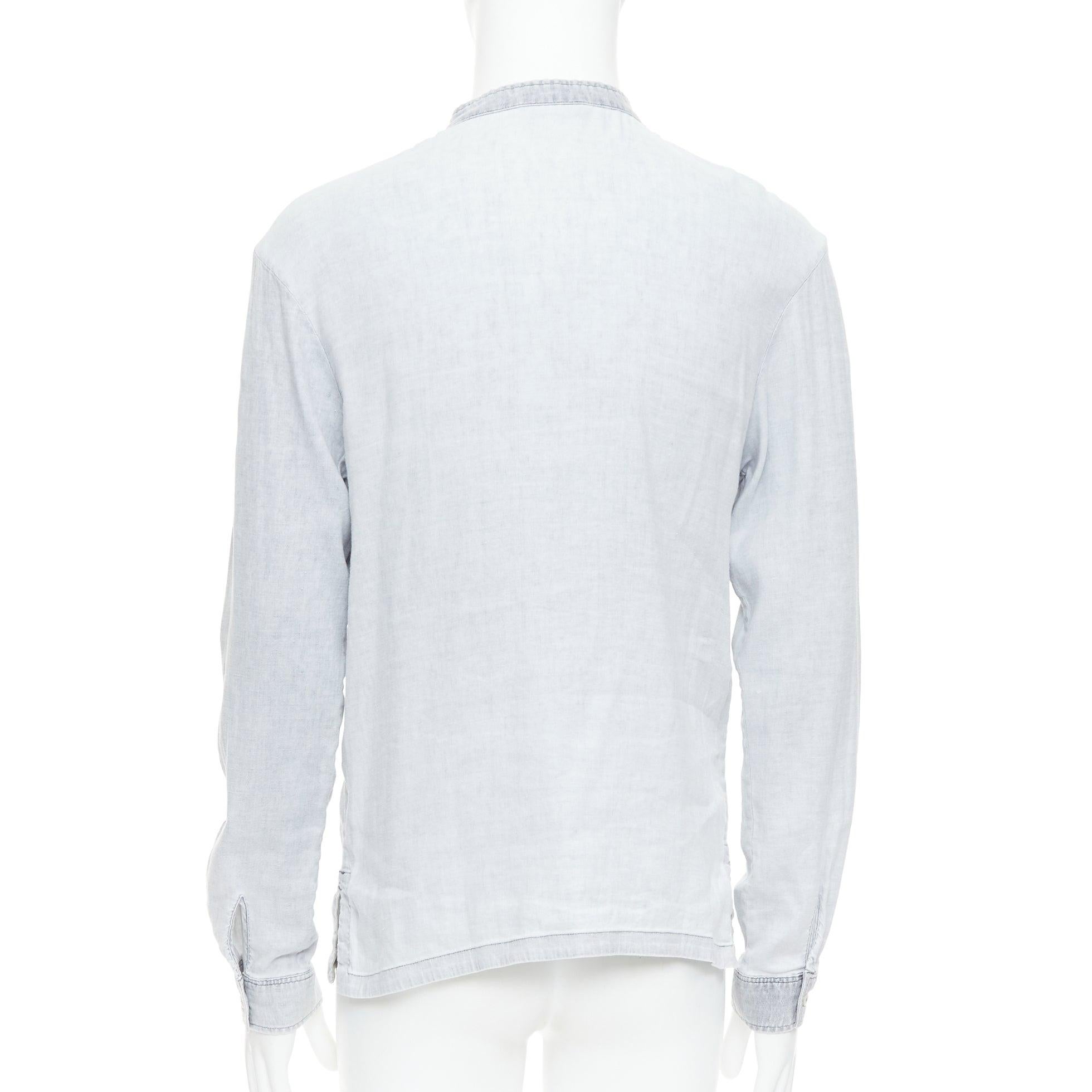 Men's A.P.C. grey linen blend washed distressed slit collar long sleeve shirt S For Sale