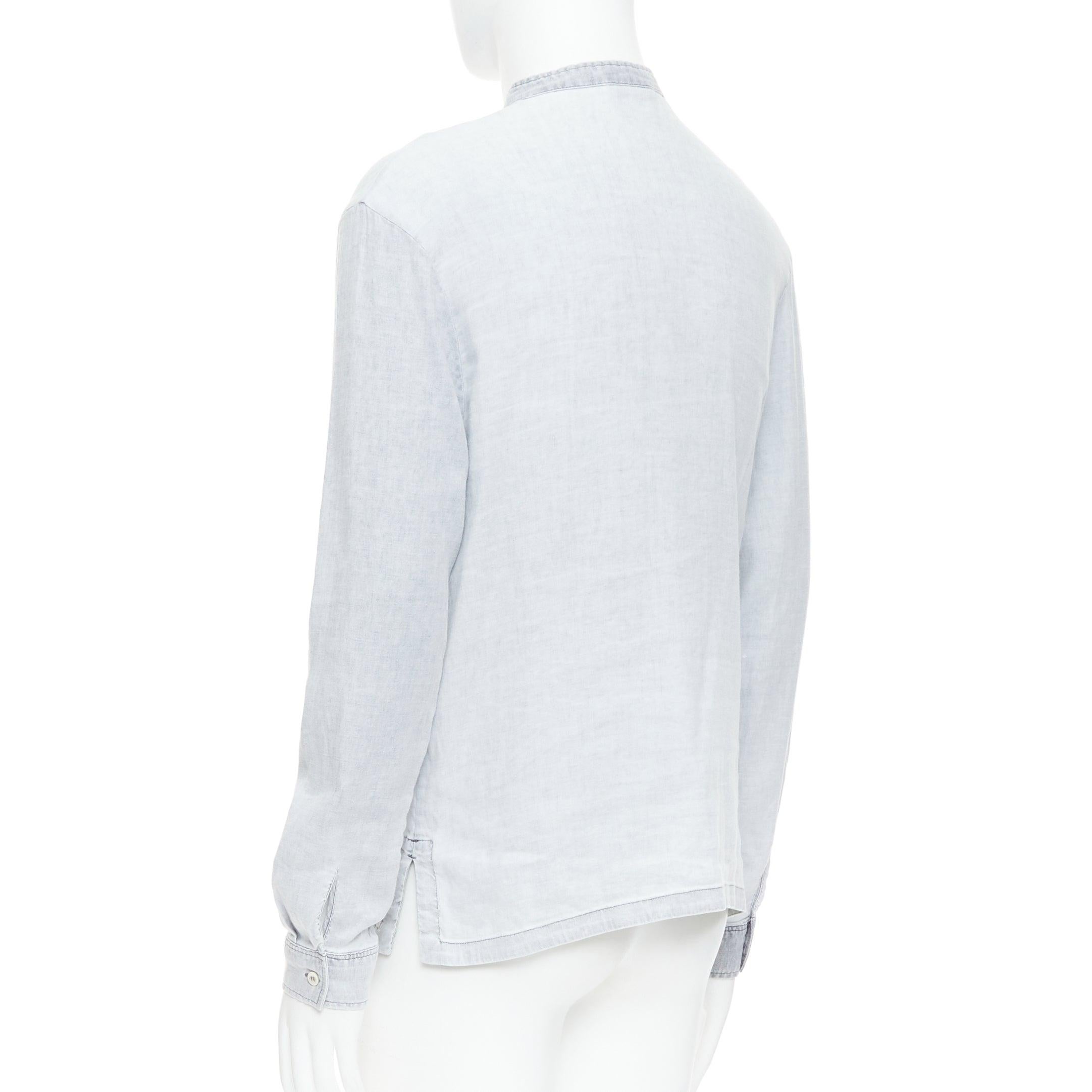 A.P.C. grey linen blend washed distressed slit collar long sleeve shirt S For Sale 1