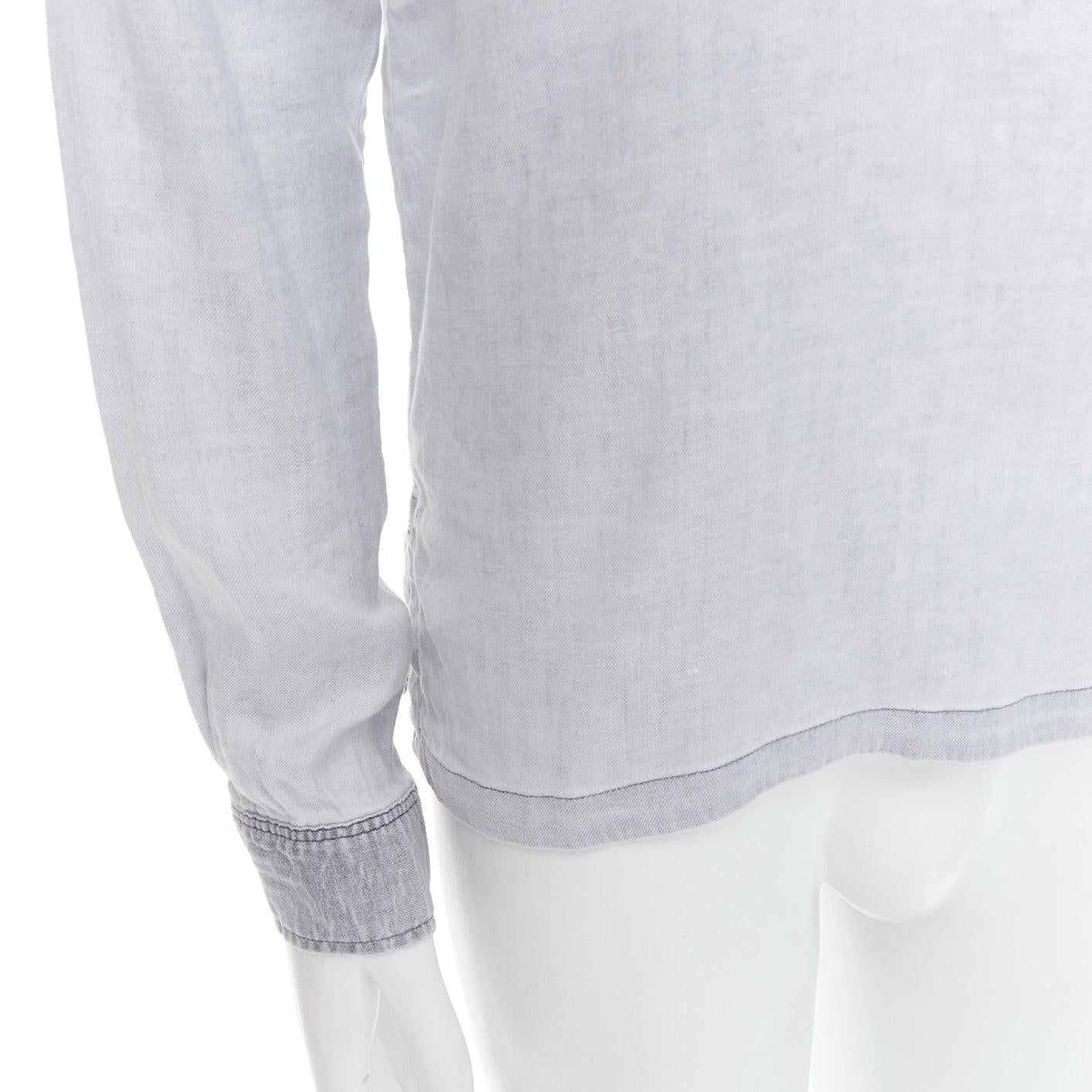A.P.C. grey linen blend washed distressed slit collar long sleeve shirt S For Sale 2