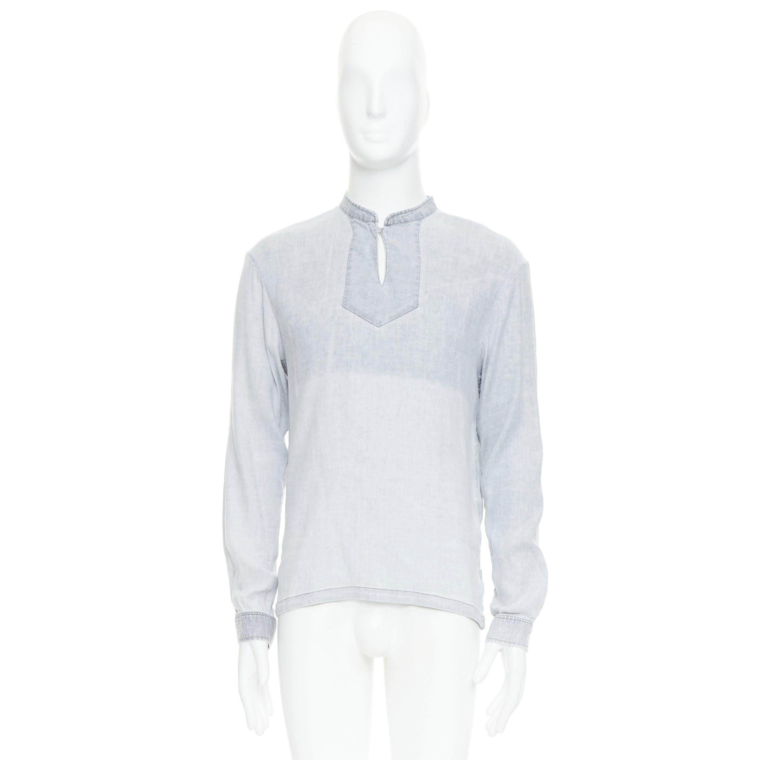 A.P.C. grey linen blend washed distressed slit collar long sleeve shirt S For Sale 4