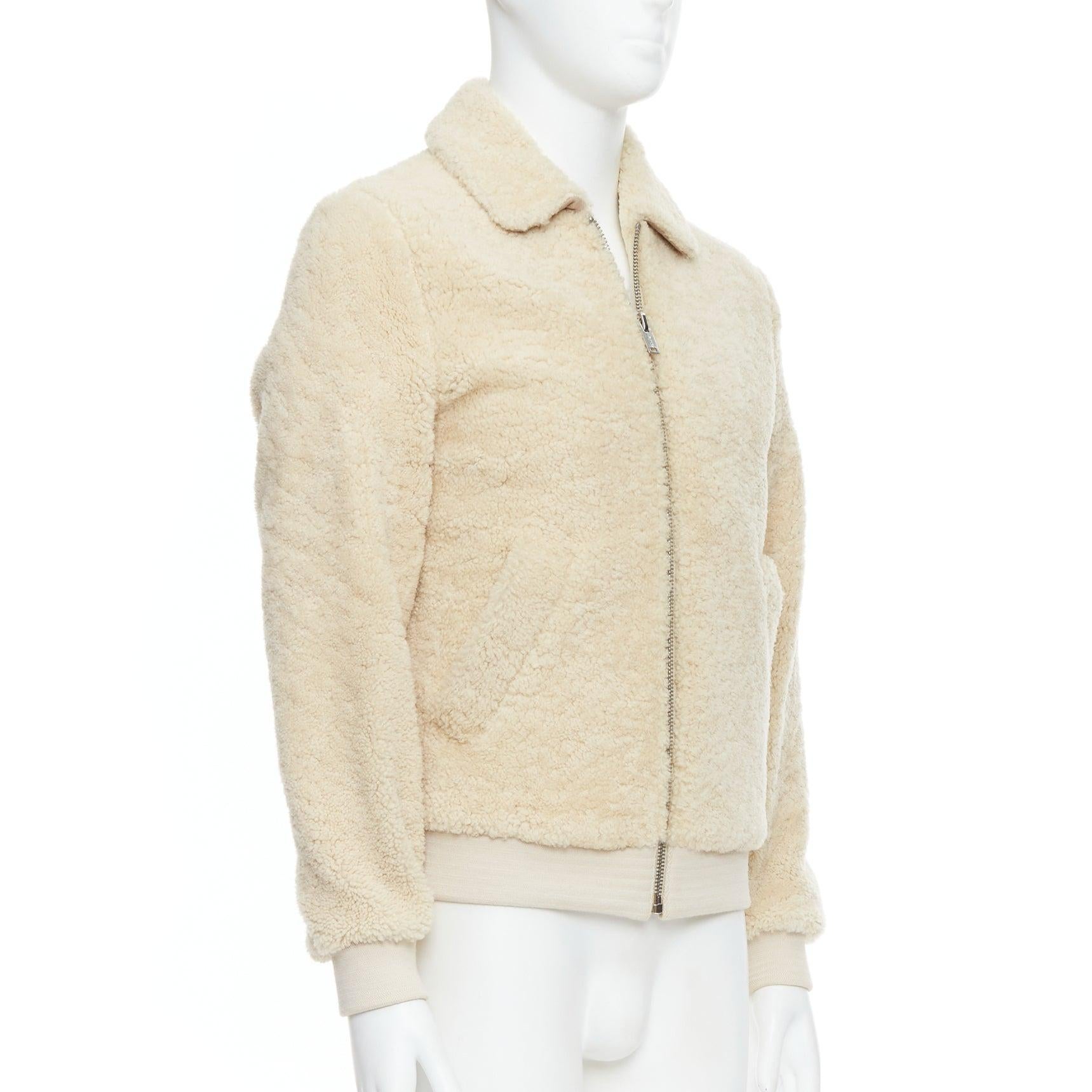 A.P.C. LOUIS W cream lambskin shearling zip front bomber jacket S In Good Condition In Hong Kong, NT