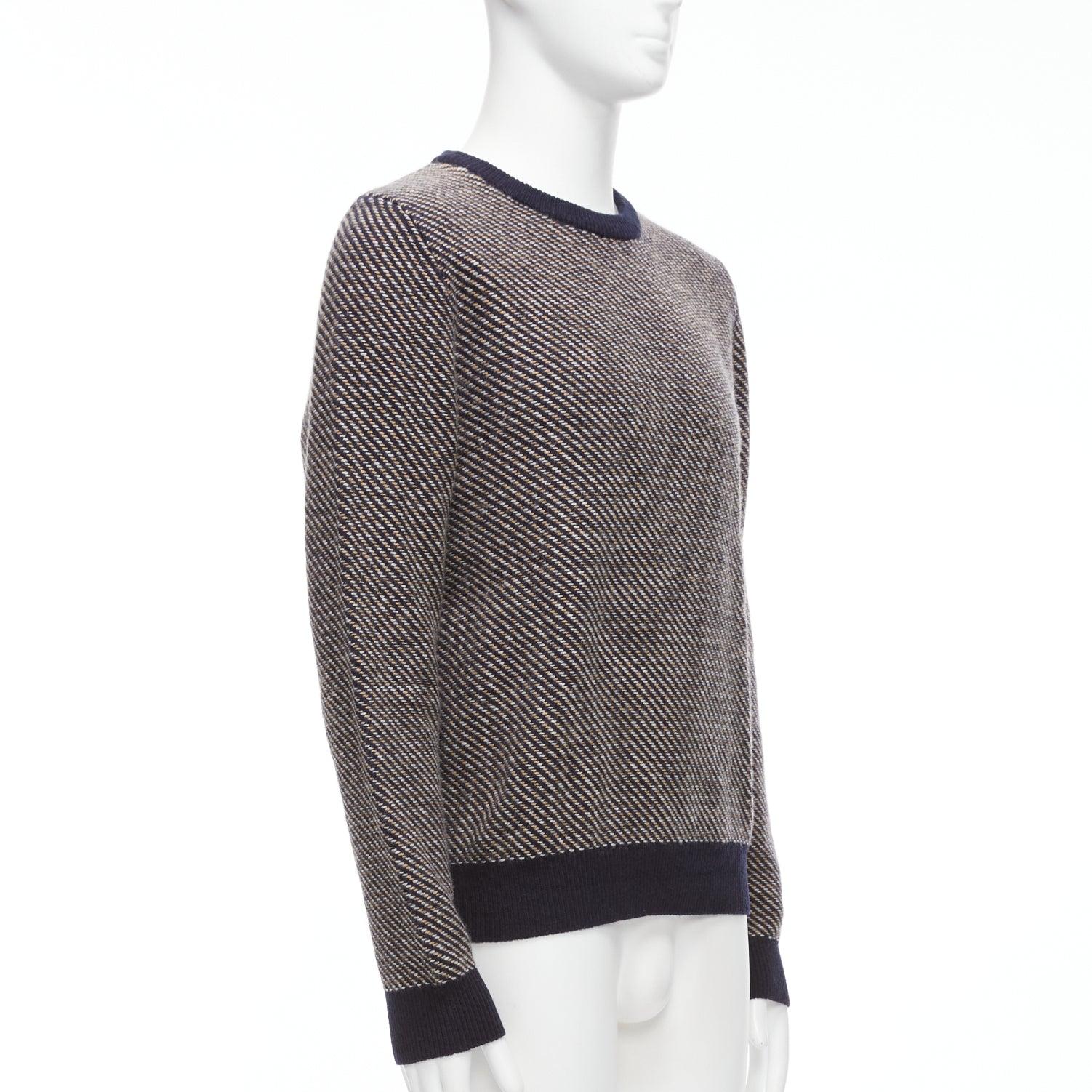 A.P.C. navy beige diagonal weave crew neck long sleeve ringer sweater M In Good Condition For Sale In Hong Kong, NT
