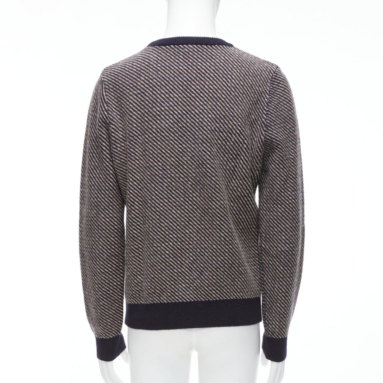 A.P.C. navy beige diagonal weave crew neck long sleeve ringer sweater M For Sale 1