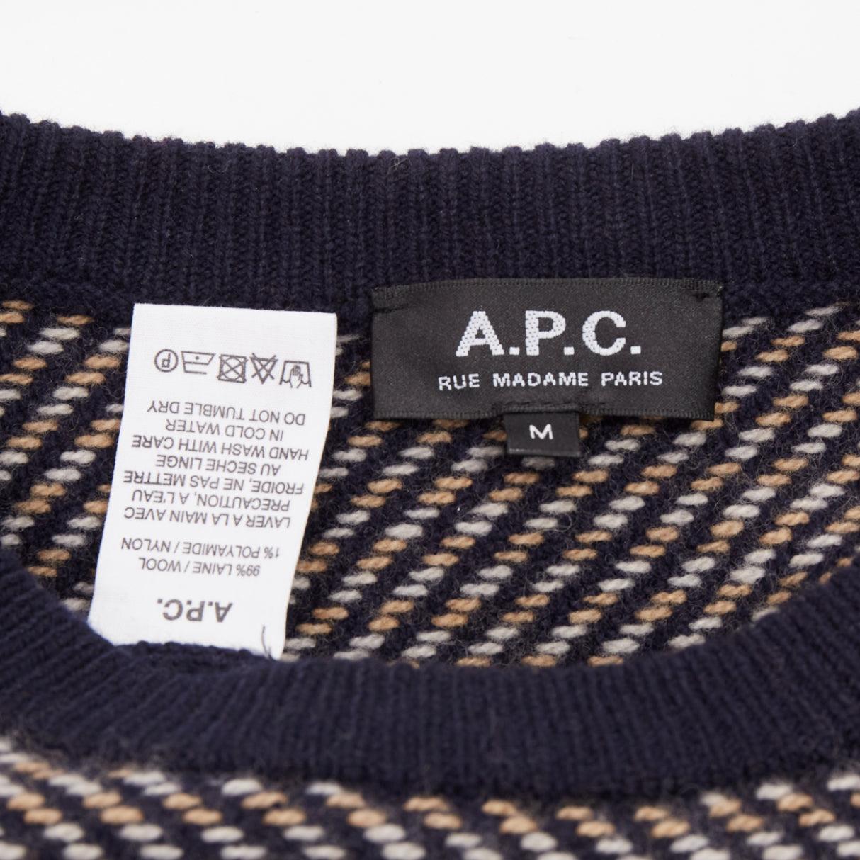 A.P.C. navy beige diagonal weave crew neck long sleeve ringer sweater M For Sale 4