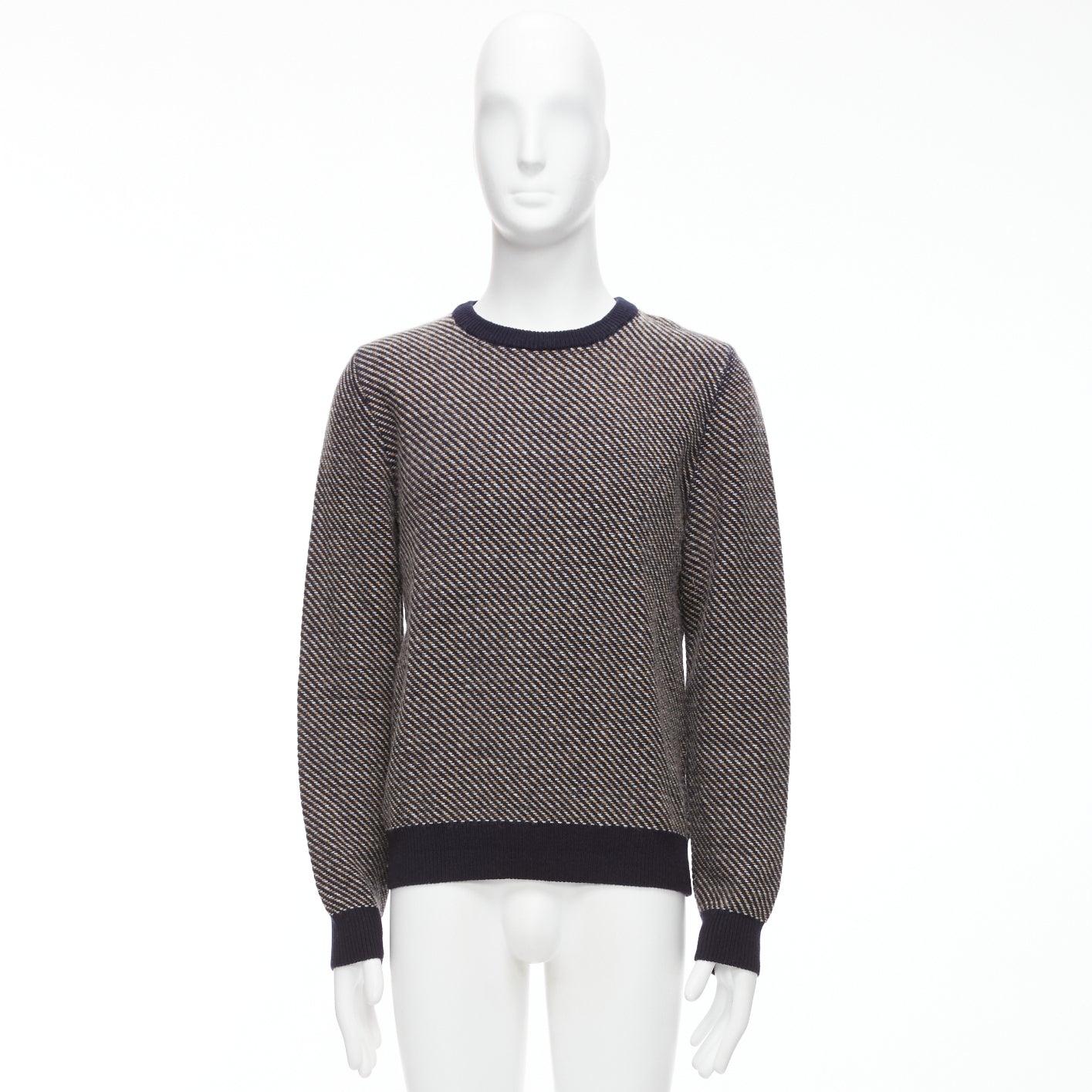 A.P.C. navy beige diagonal weave crew neck long sleeve ringer sweater M For Sale 5