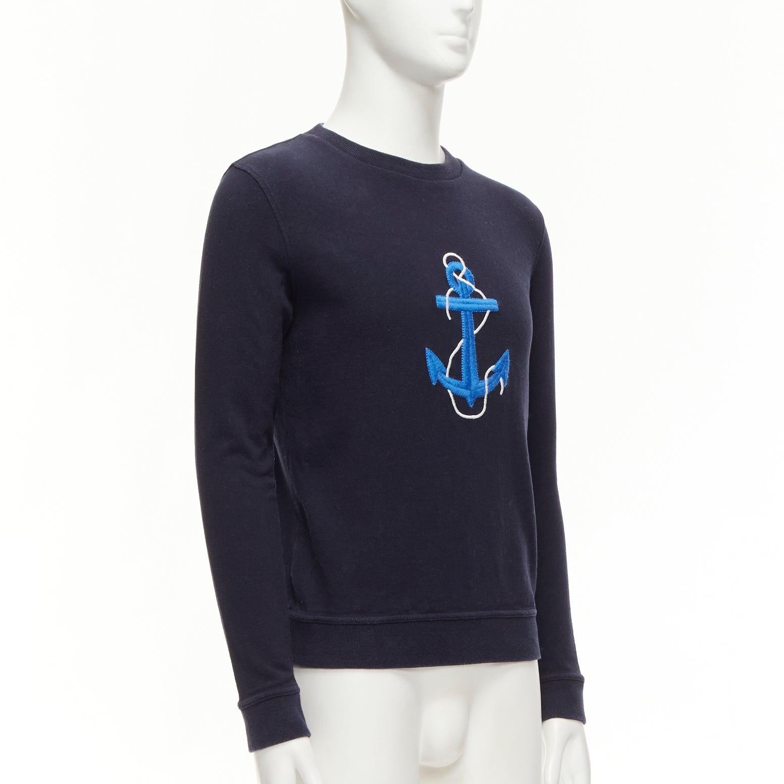 A.P.C. navy blue white anchor embroidery crew neck cotton sweatshirt US0 XS In Good Condition For Sale In Hong Kong, NT