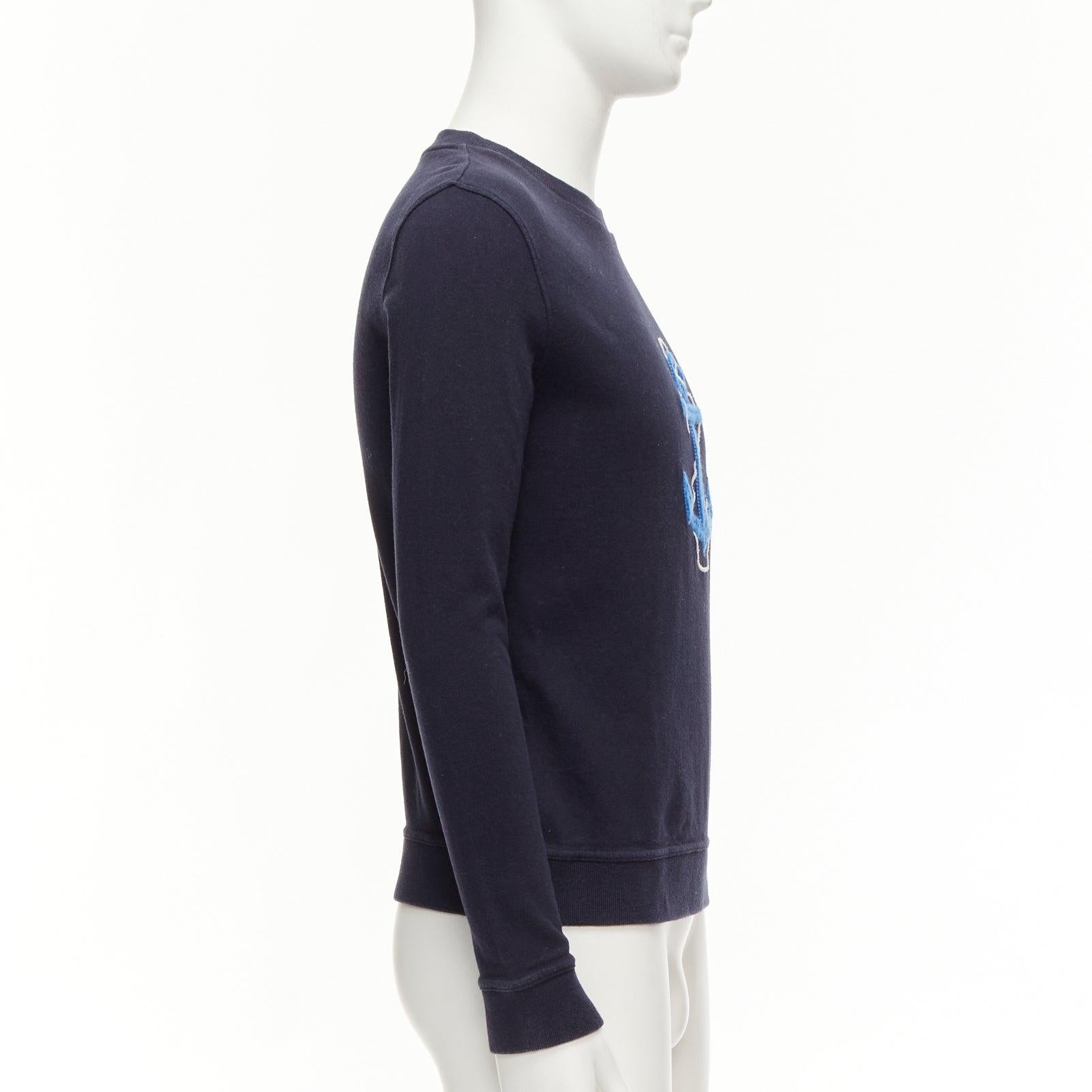 A.P.C. navy blue white anchor embroidery crew neck cotton sweatshirt US0 XS In Good Condition For Sale In Hong Kong, NT