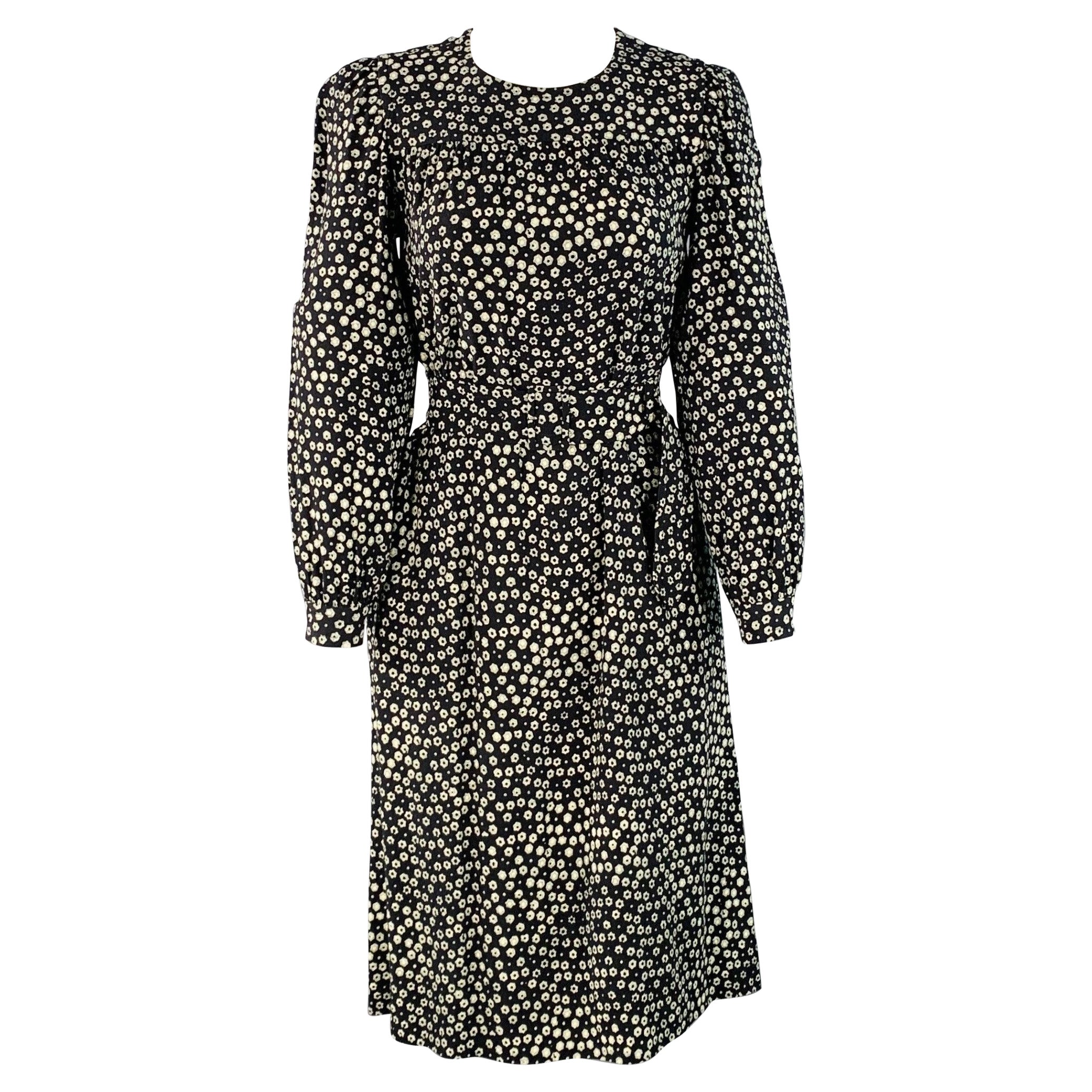 A.P.C. Size 2 Black White Viscose Floral Long Sleeve Belted Knee Length Dress