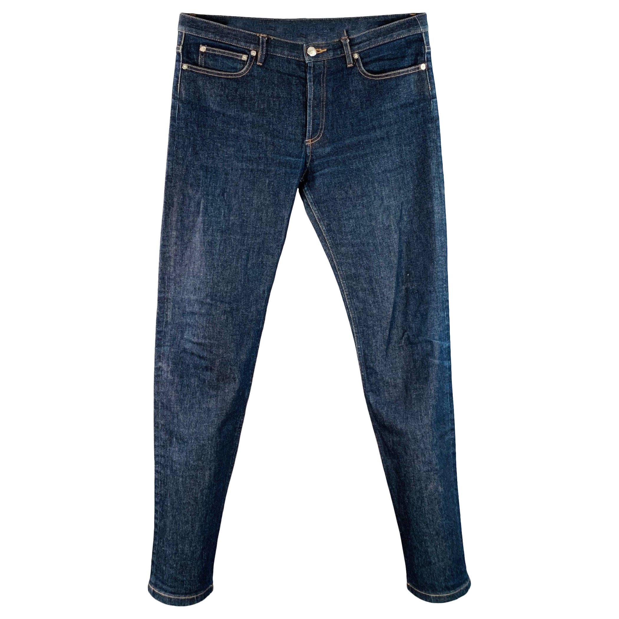 A.P.C. Taille 34 Bleu Contrast Stitch Cotton Blend Twill Tapered Button Fly Jeans
