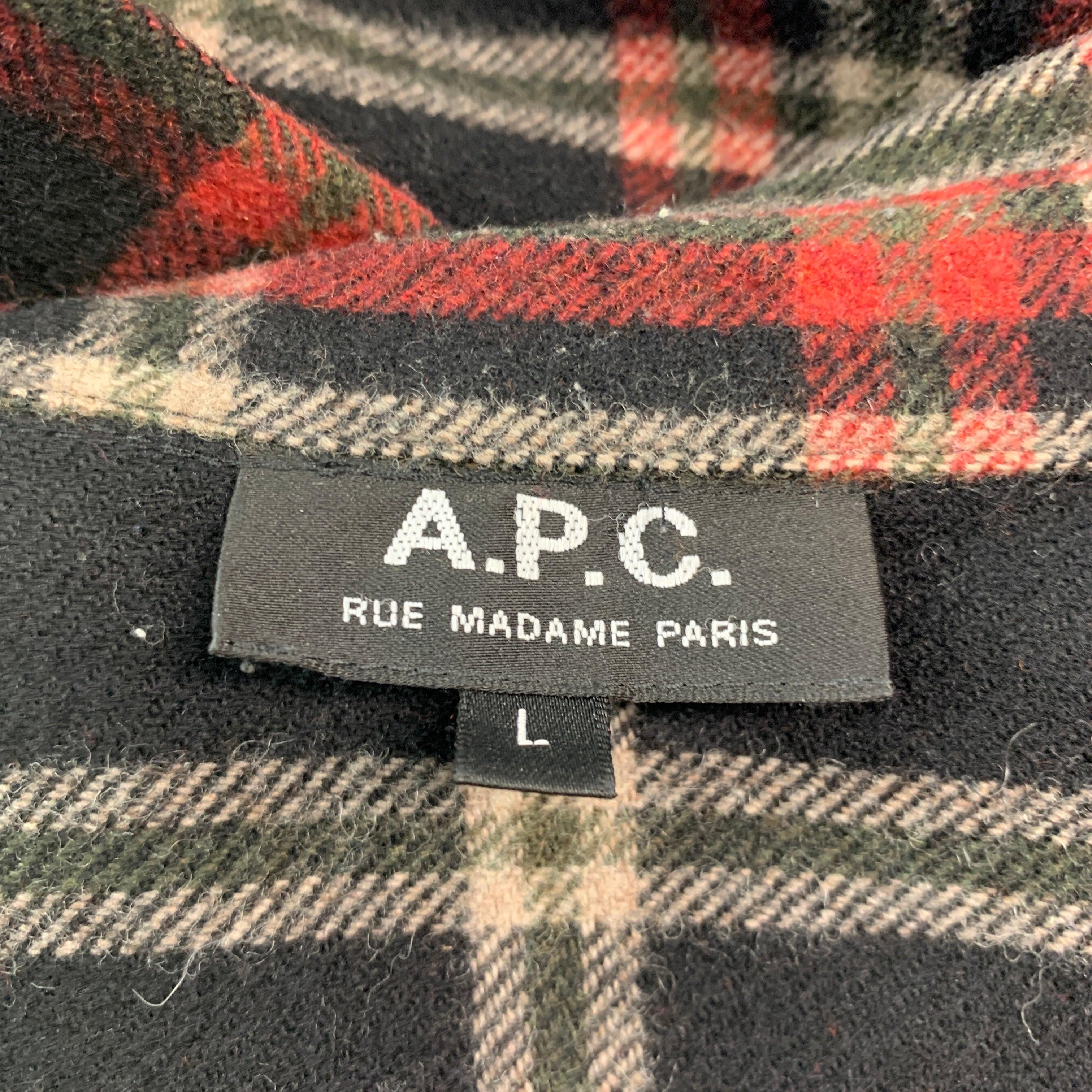 A.P.C. Size L Black Multi-Color Plaid Wool Nylon Button Up Long Sleeve Shirt For Sale 2