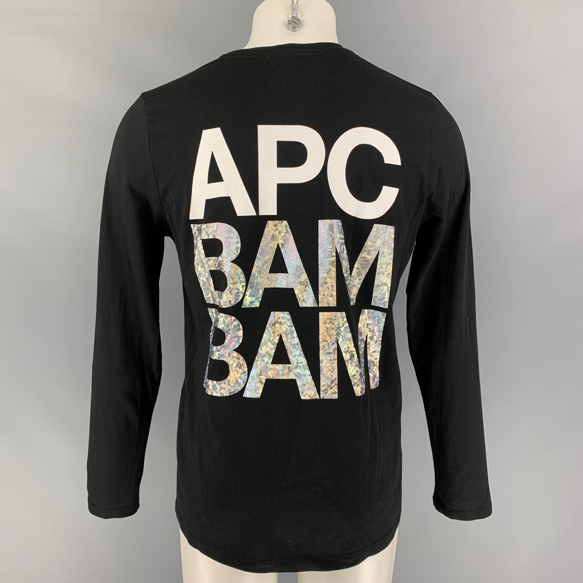 A.P.C. Größe L Schwarzes & silbernes langärmeliges T-Shirt aus Baumwolle mit Logo im Zustand „Gut“ in San Francisco, CA
