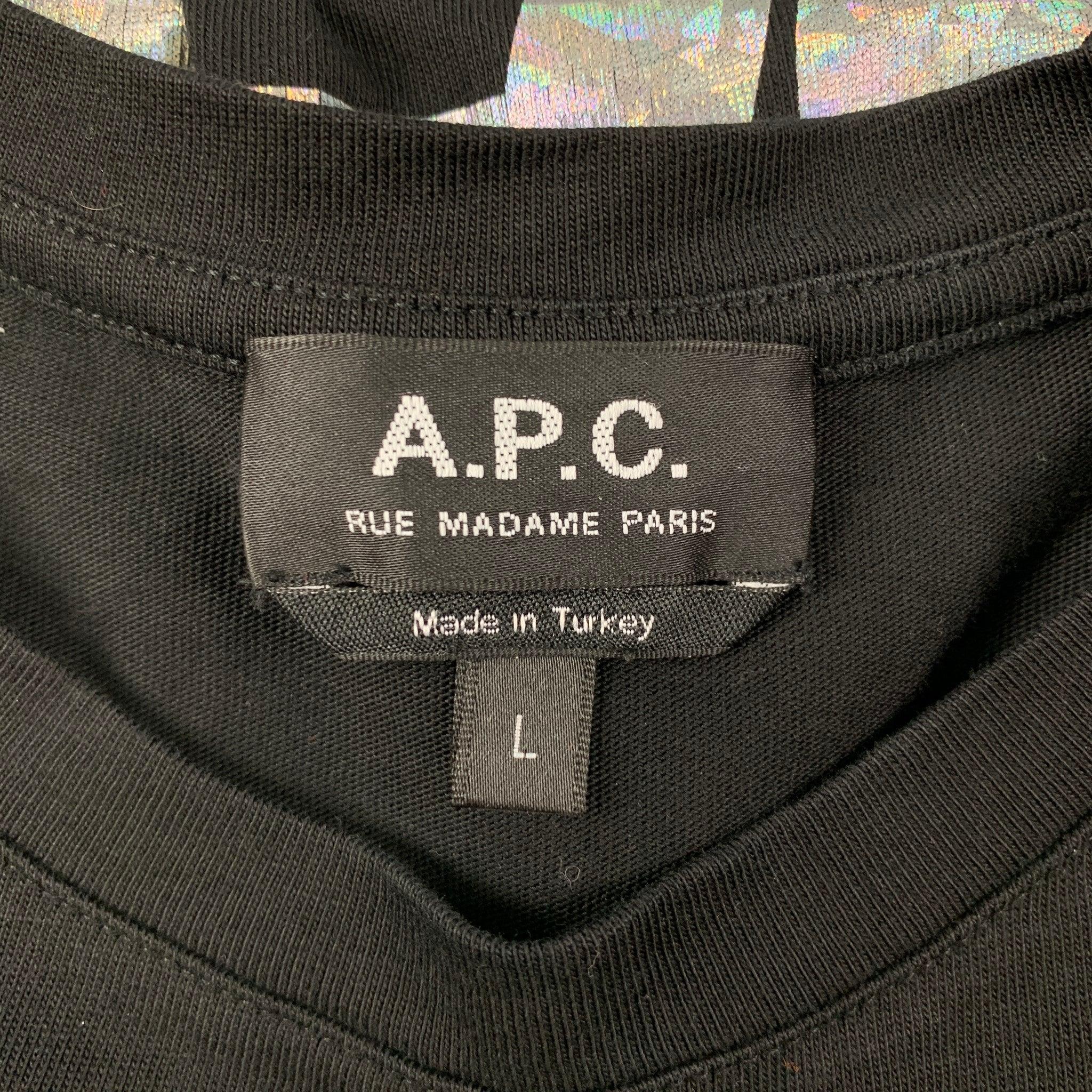A.P.C. Größe L Schwarzes & silbernes langärmeliges T-Shirt aus Baumwolle mit Logo 1