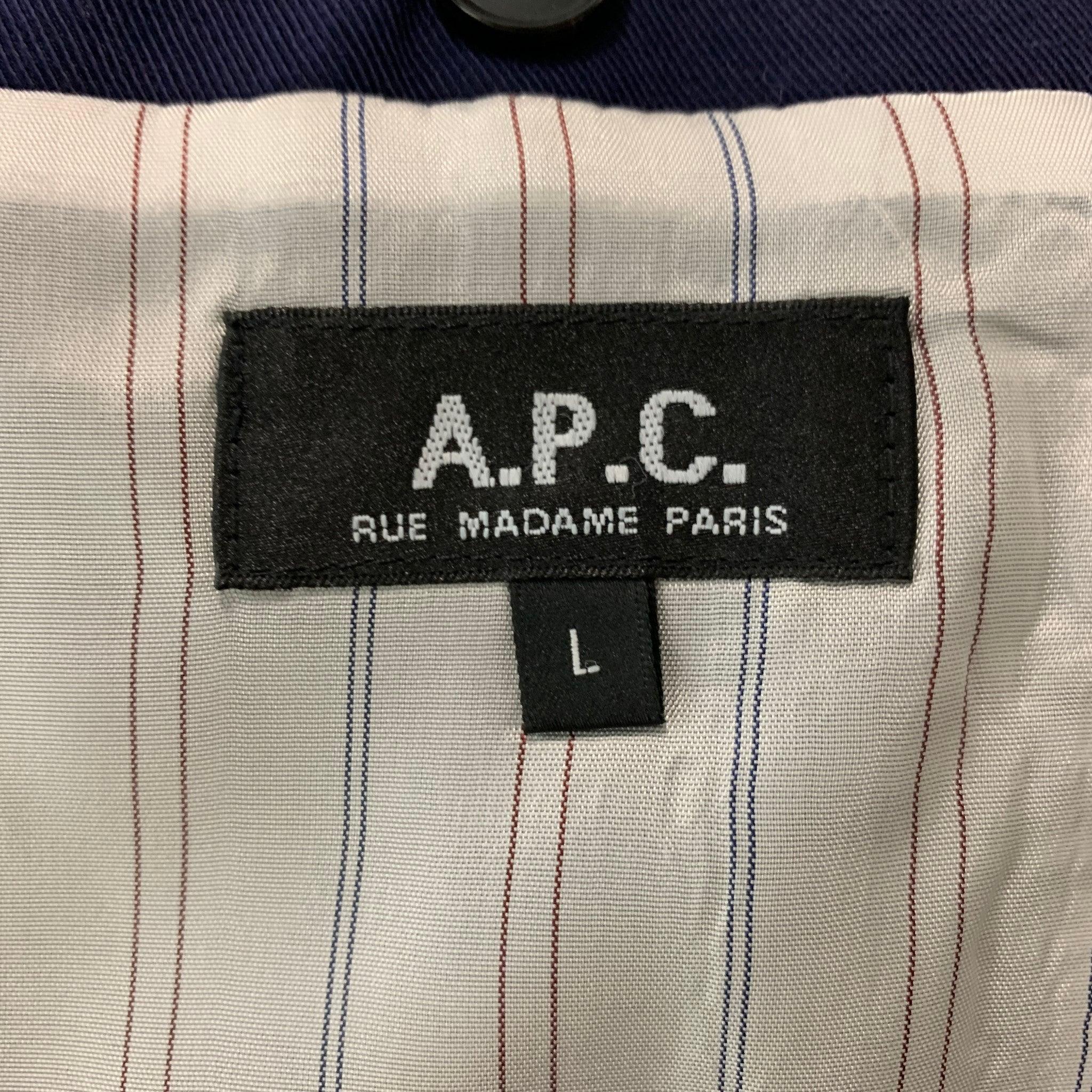 Men's A.P.C. Size L Navy Cotton Linen Single Breasted Sport Coat For Sale