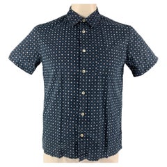 A.P.C. Size L Navy Geometric Cotton & Silk Button Down Short Sleeve Shirt