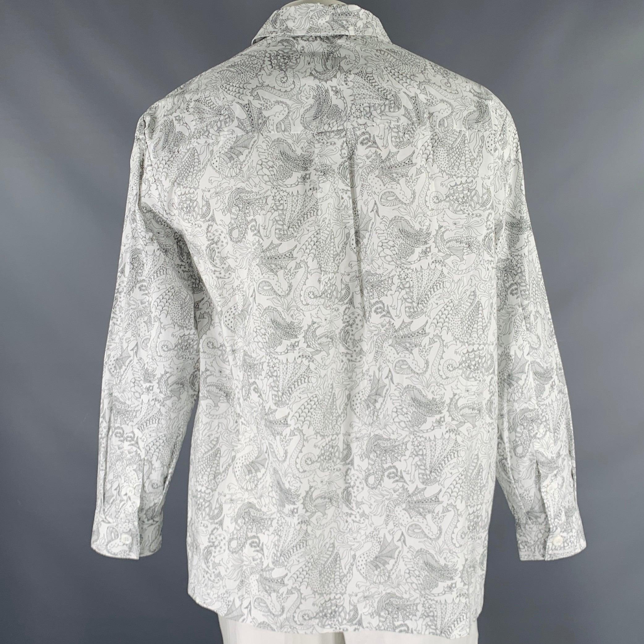 A.P.C. Size L White Black Dragons Print Cotton Long Sleeve Shirt In Excellent Condition For Sale In San Francisco, CA