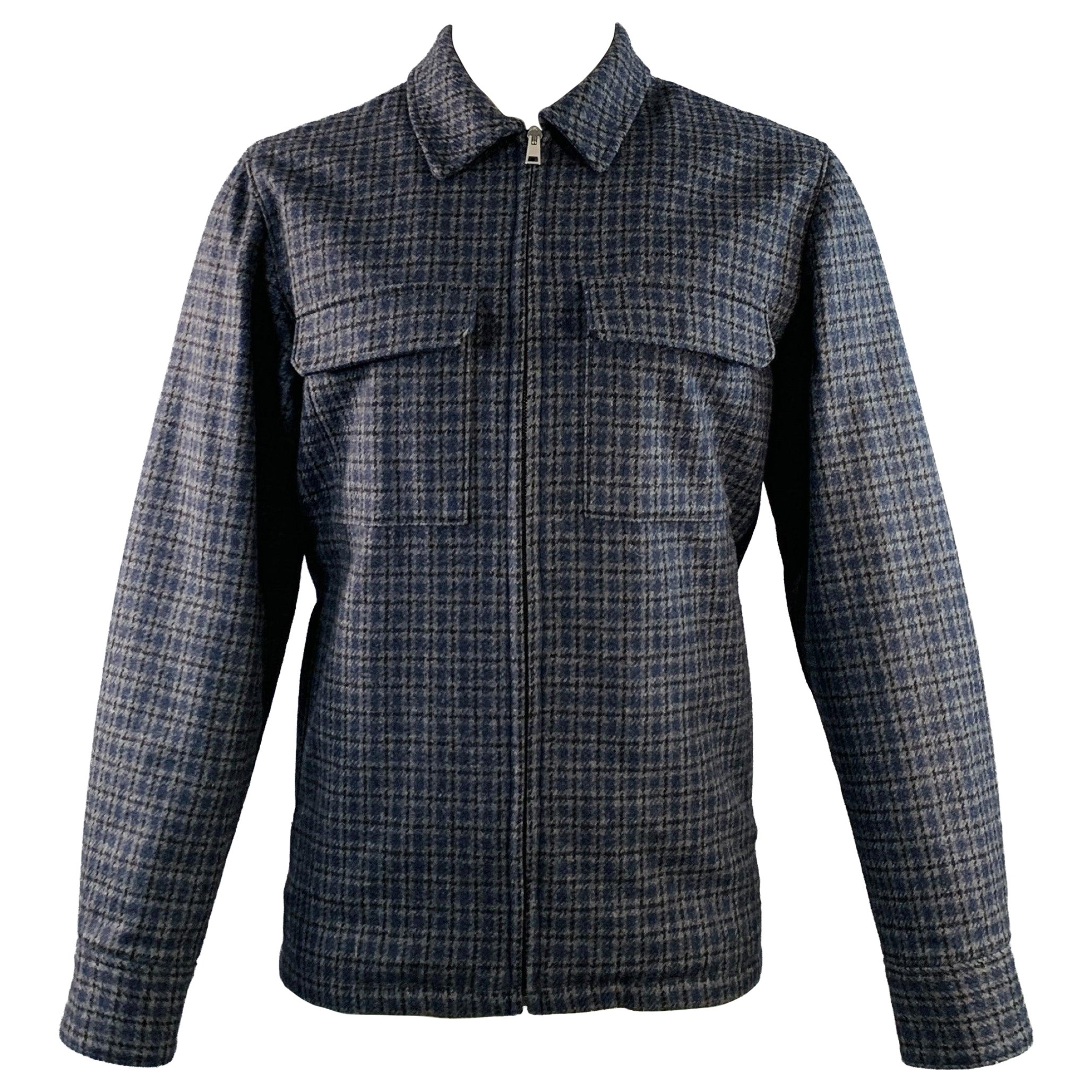 A.P.C. Size M Blue Grey Black Plaid Wool Blend Zip Up Jacket