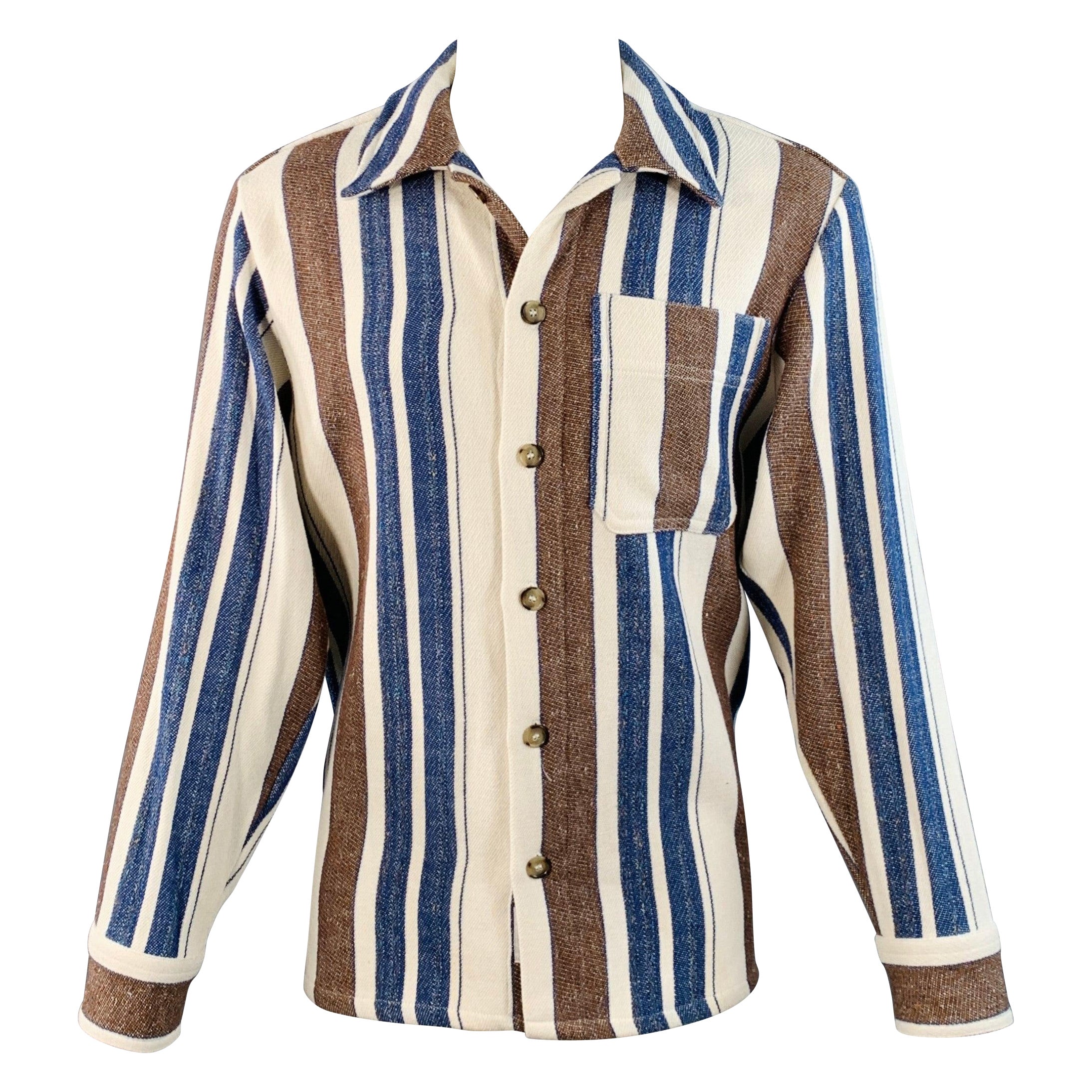 A.P.C. Size M Brown Navy Cream Stripe Cotton Blend One Pocket Long Sleeve Shirt