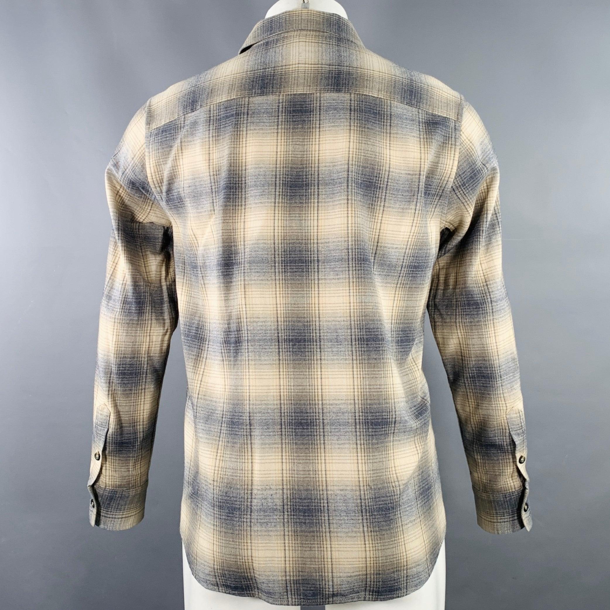 Gray A.P.C. Size S Beige Blue Grey Plaid Cotton One Pocket Long Sleeve Shirt For Sale