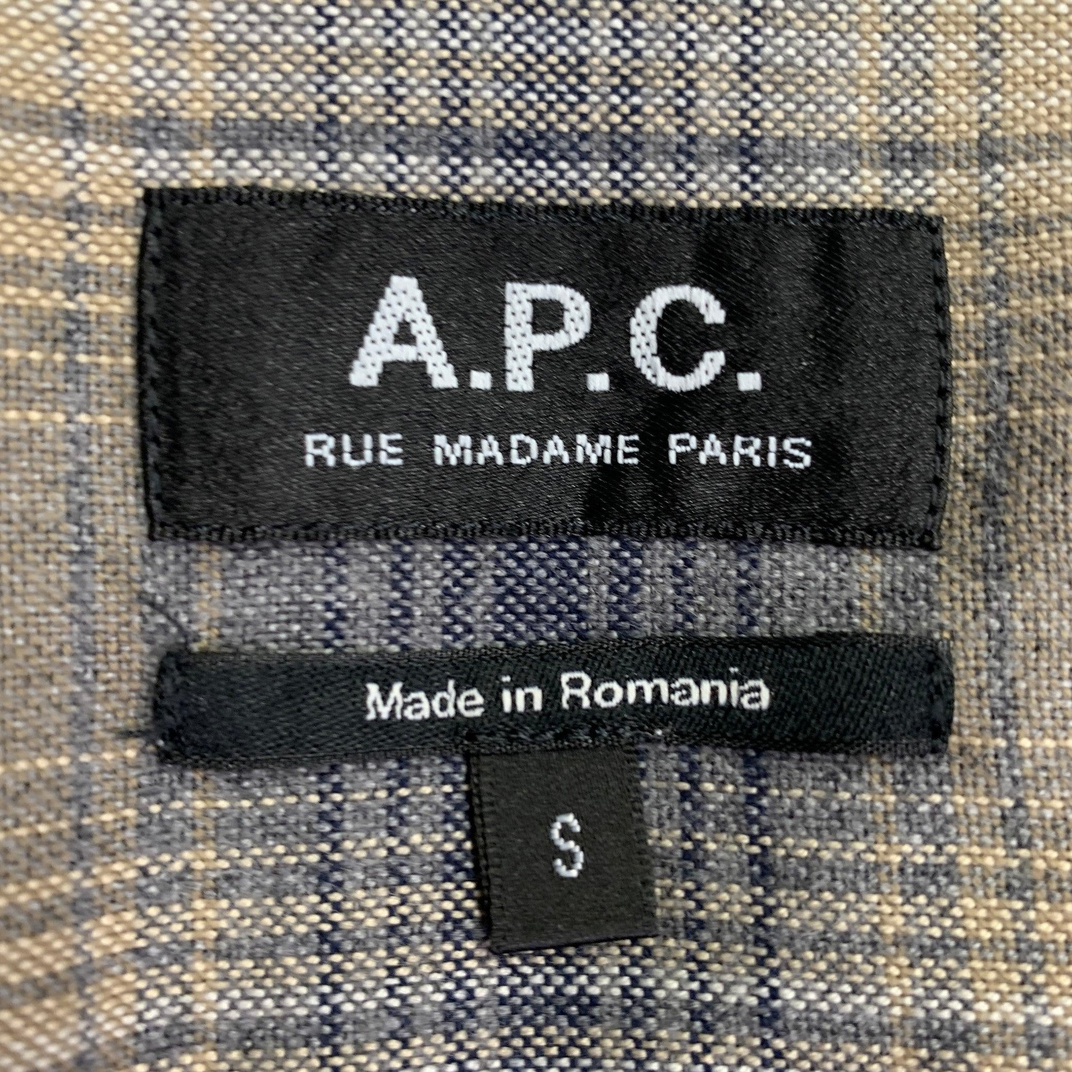 A.P.C. Size S Beige Blue Grey Plaid Cotton One Pocket Long Sleeve Shirt In Excellent Condition For Sale In San Francisco, CA