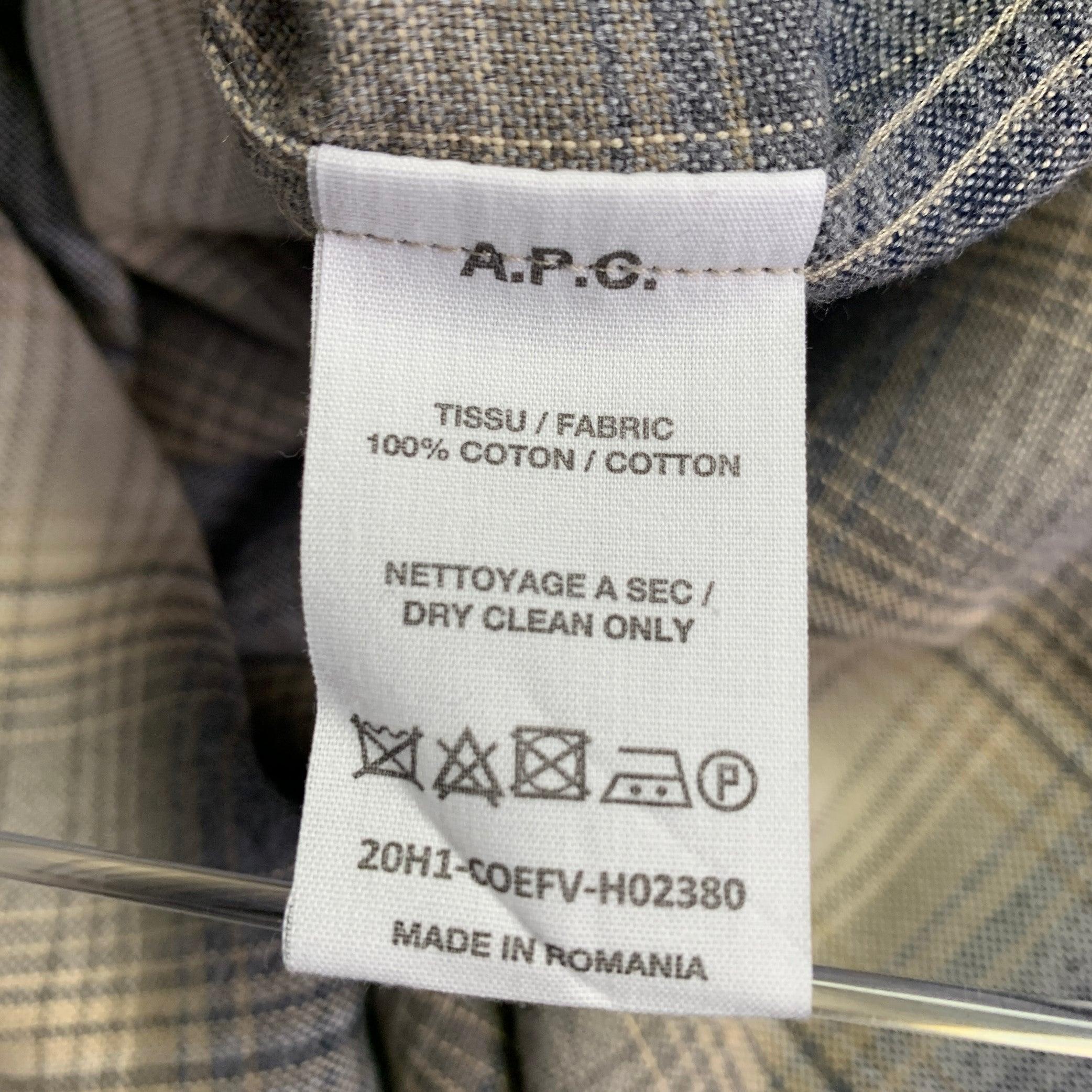 Men's A.P.C. Size S Beige Blue Grey Plaid Cotton One Pocket Long Sleeve Shirt For Sale