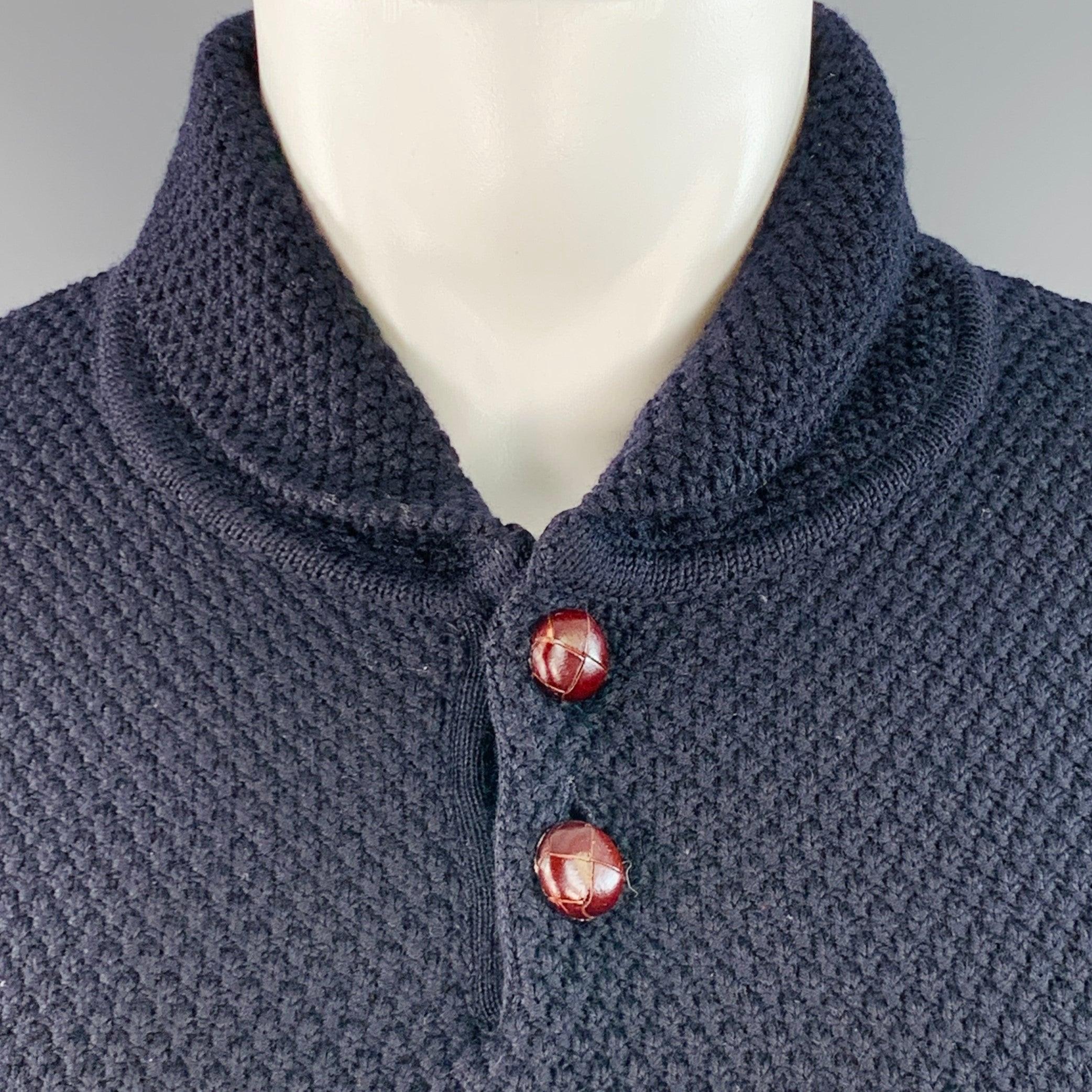 A.P.C. Size S Navy Waffle Knit Wool Shawl Collar Sweater In Excellent Condition For Sale In San Francisco, CA