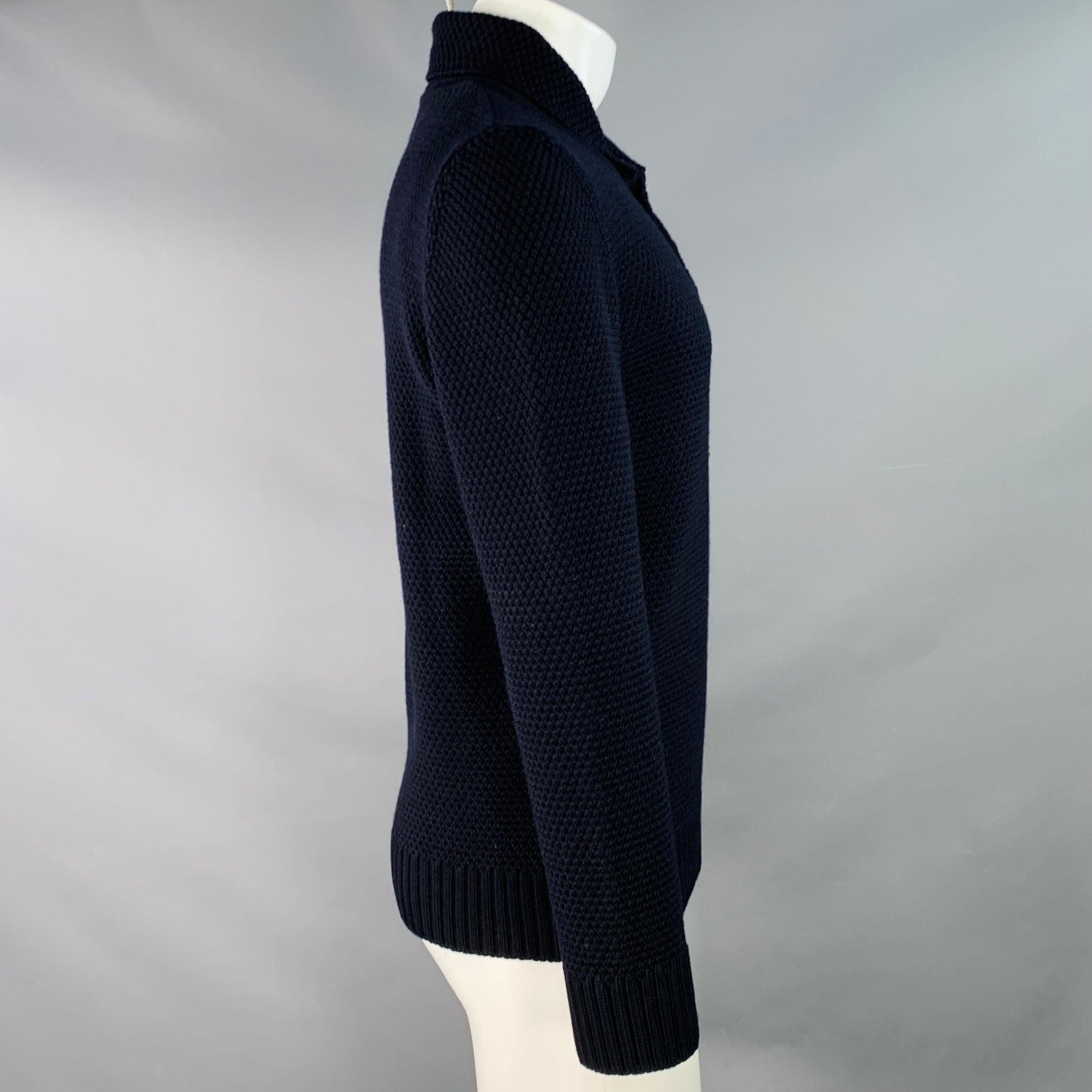 Men's A.P.C. Size S Navy Waffle Knit Wool Shawl Collar Sweater For Sale