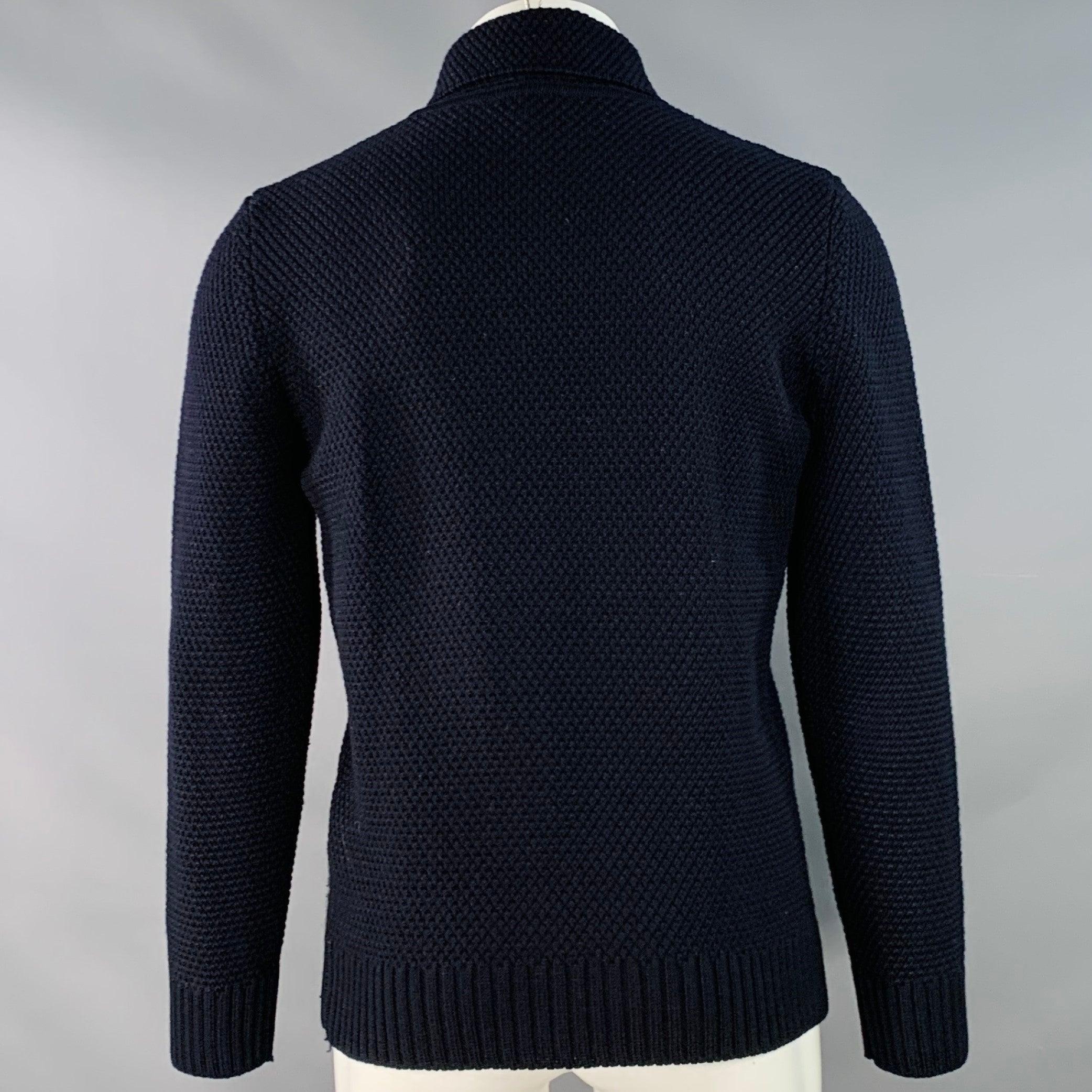 A.P.C. Size S Navy Waffle Knit Wool Shawl Collar Sweater For Sale 1