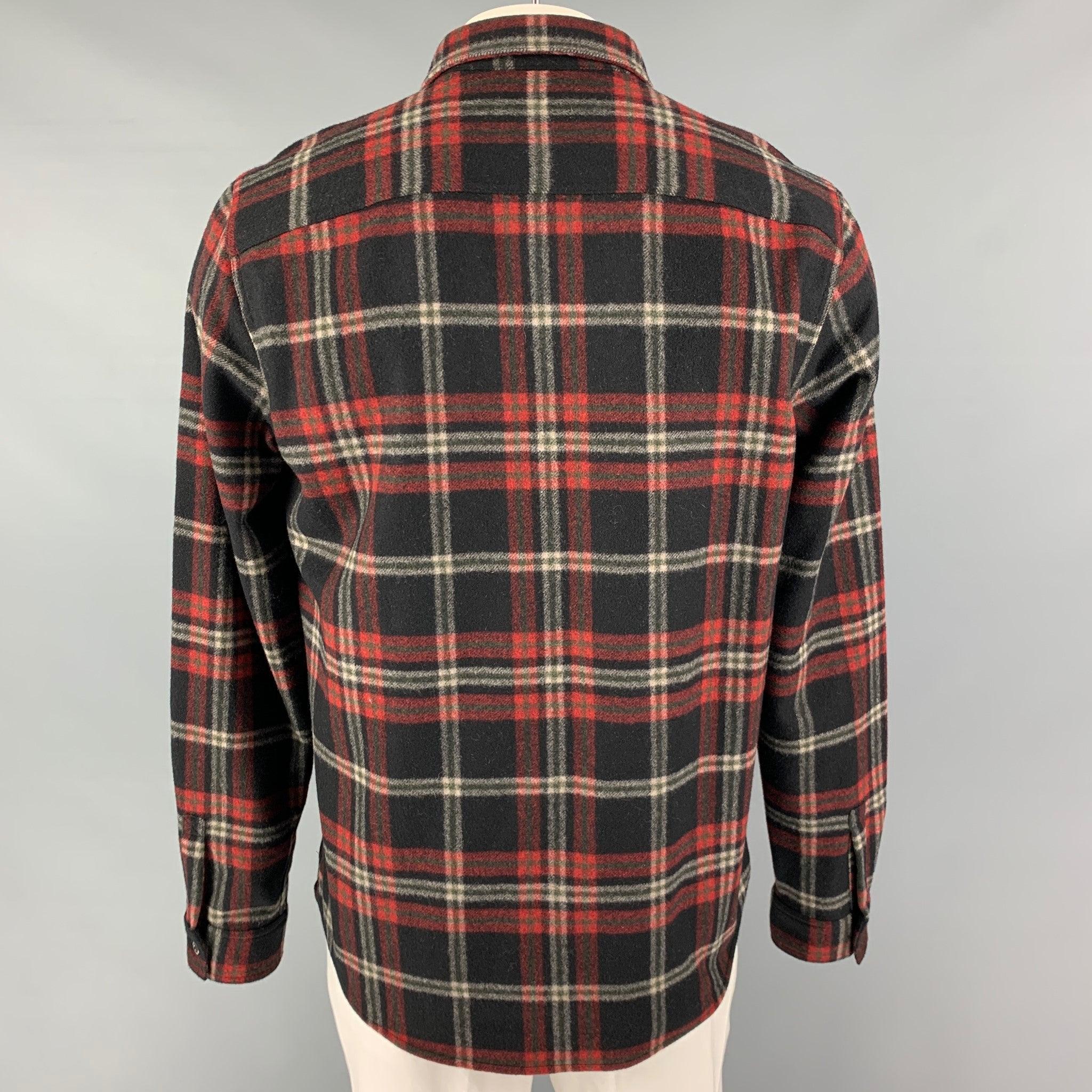 A.P.C. Size XL Black Red White Plaid Wool Nylon Button Up Long Sleeve Shirt In Good Condition For Sale In San Francisco, CA