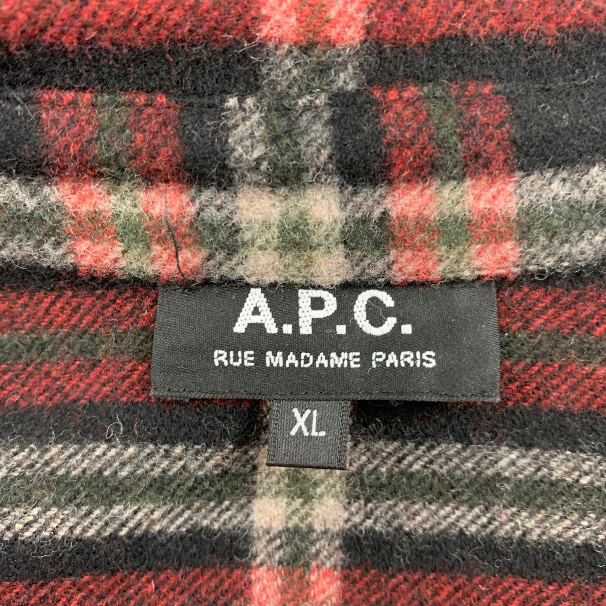 A.P.C. Size XL Black Red White Plaid Wool Nylon Button Up Long Sleeve Shirt For Sale 1