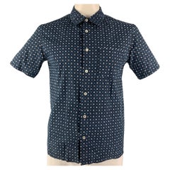 A.P.C. Size XL Navy Blue Geometric Button Down Cotton & Silk Short Sleeve Shirt