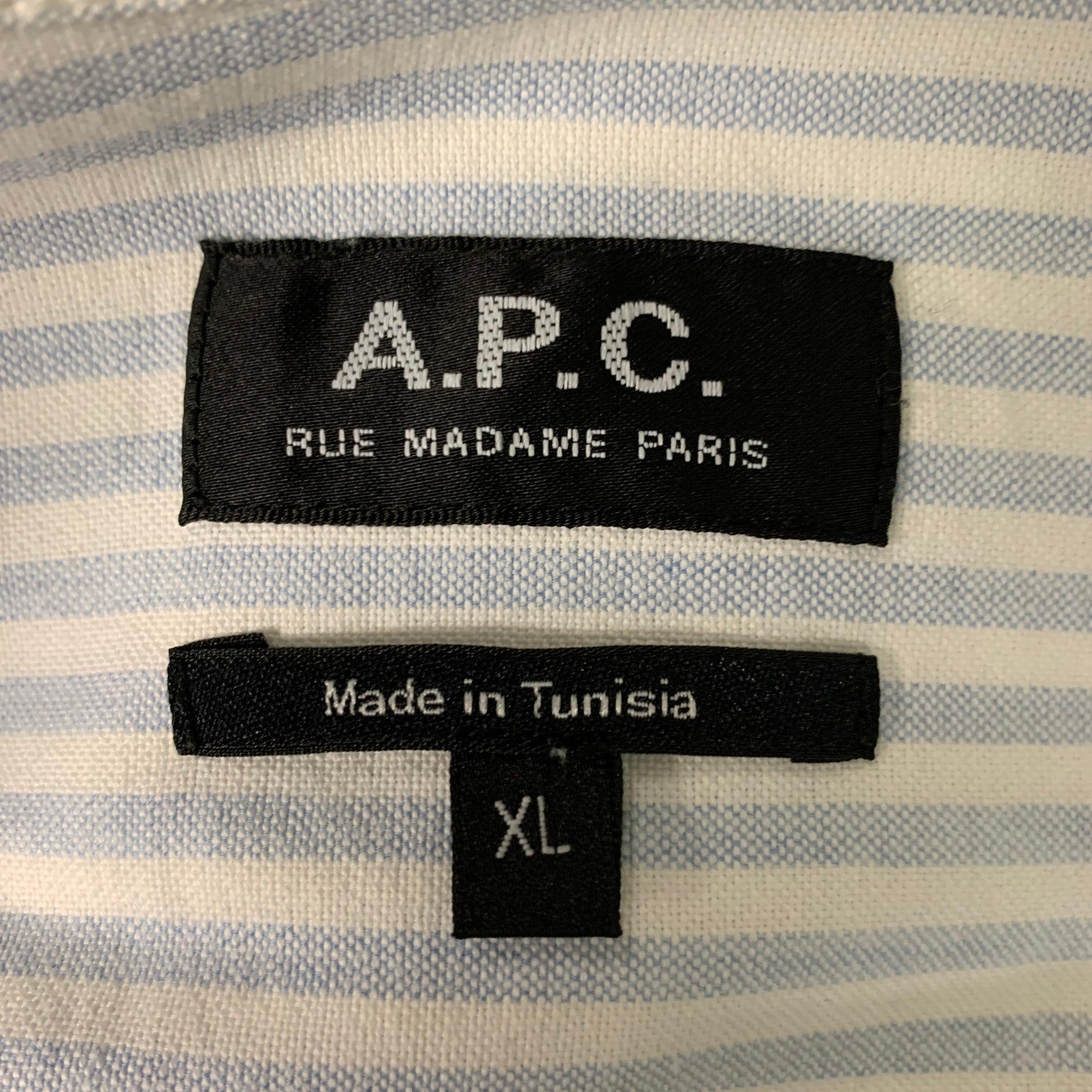 Men's A.P.C. Size XL White Light Blue Stripe Cotton Button Down Long Sleeve Shirt For Sale