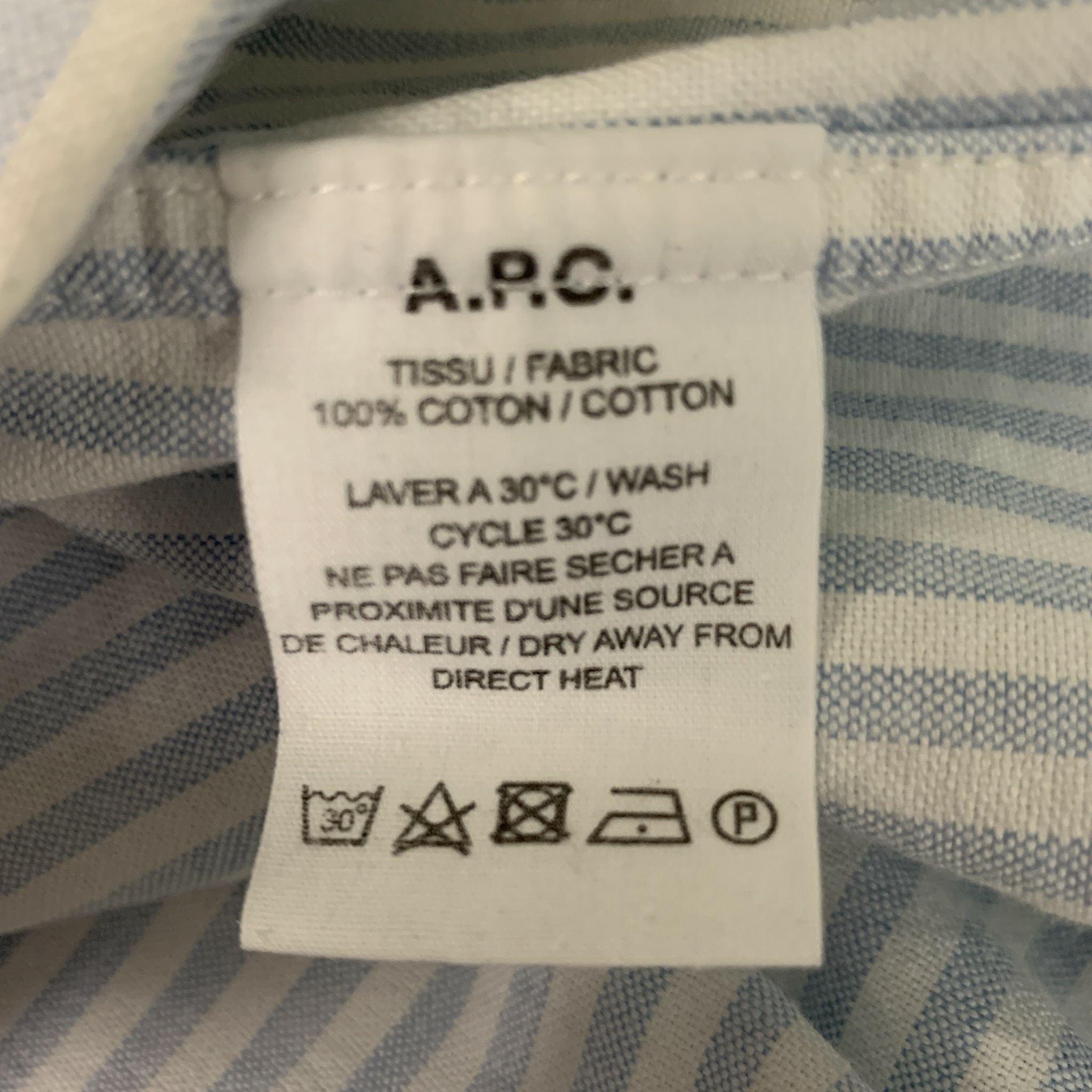 A.P.C. Size XL White Light Blue Stripe Cotton Button Down Long Sleeve Shirt For Sale 2