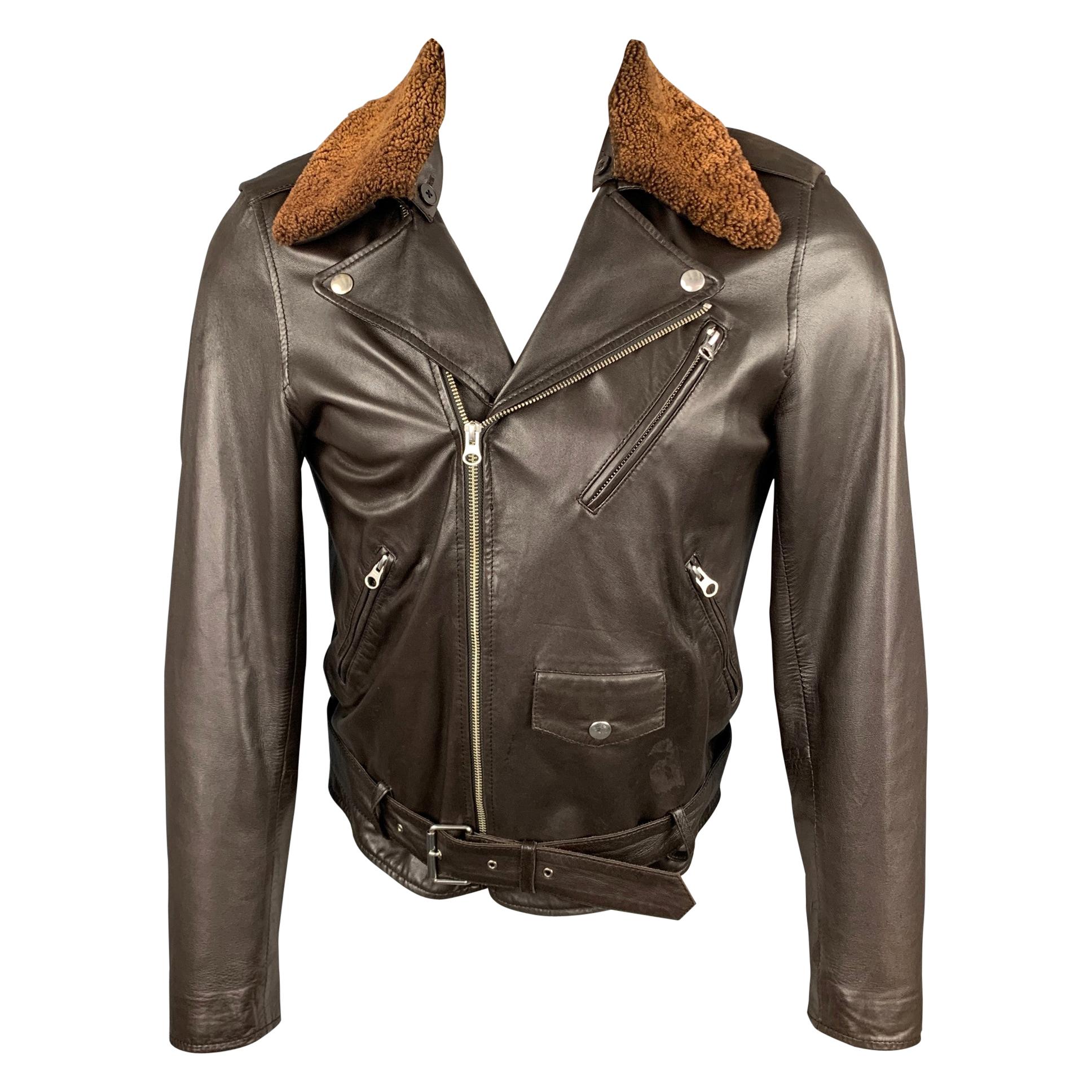 A.P.C Size XS Brown Leather Detachable Collar Biker Jacket