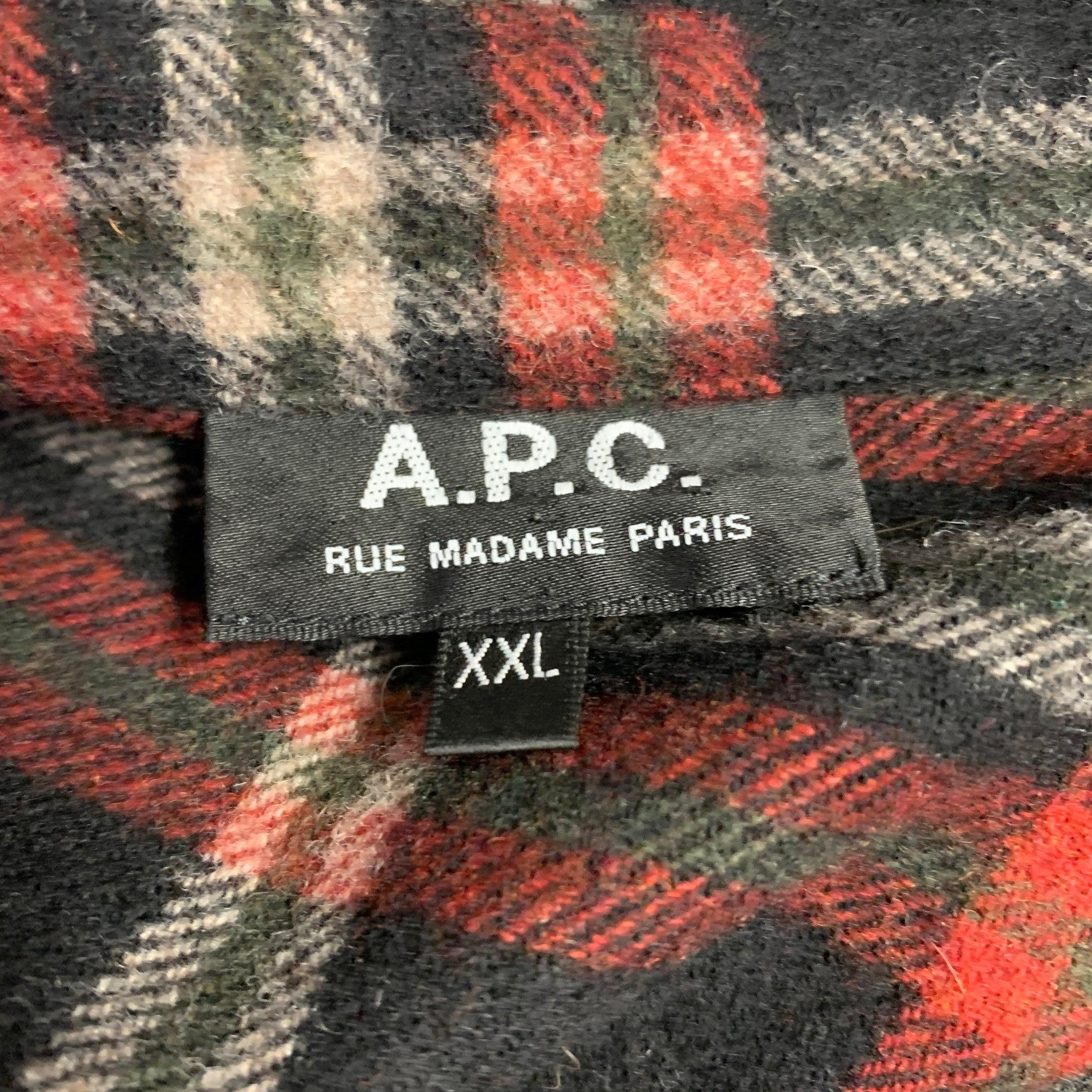 Men's A.P.C. Size XXL Black Red Plaid Wool Blend One Pocket Long Sleeve Shirt For Sale